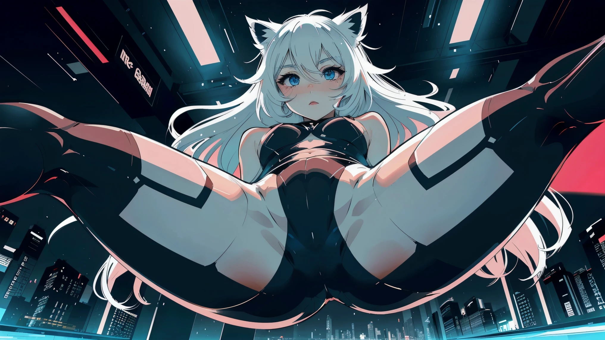 a 23years old girl in small tight transparent swimsuit full body, white hair, blue alluring eyes, thick thighs, very thin waist, slim hips, open legs, cameltoe, big cameltoe, big pussy),Hyper detailed cameltoe, highly detailed face, 4k eyes, clean, vibrant colors, extremely detailed with rich colors), in a modern urban city, its dawn orange and pink big clouds, blue sky, (thick semi-traditional lineart)