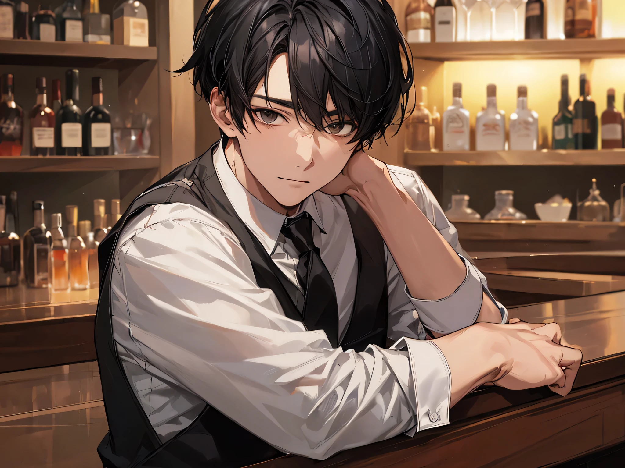 masterpiece, highest quality,portrait,1 male, black hair, alone, Bar waitress