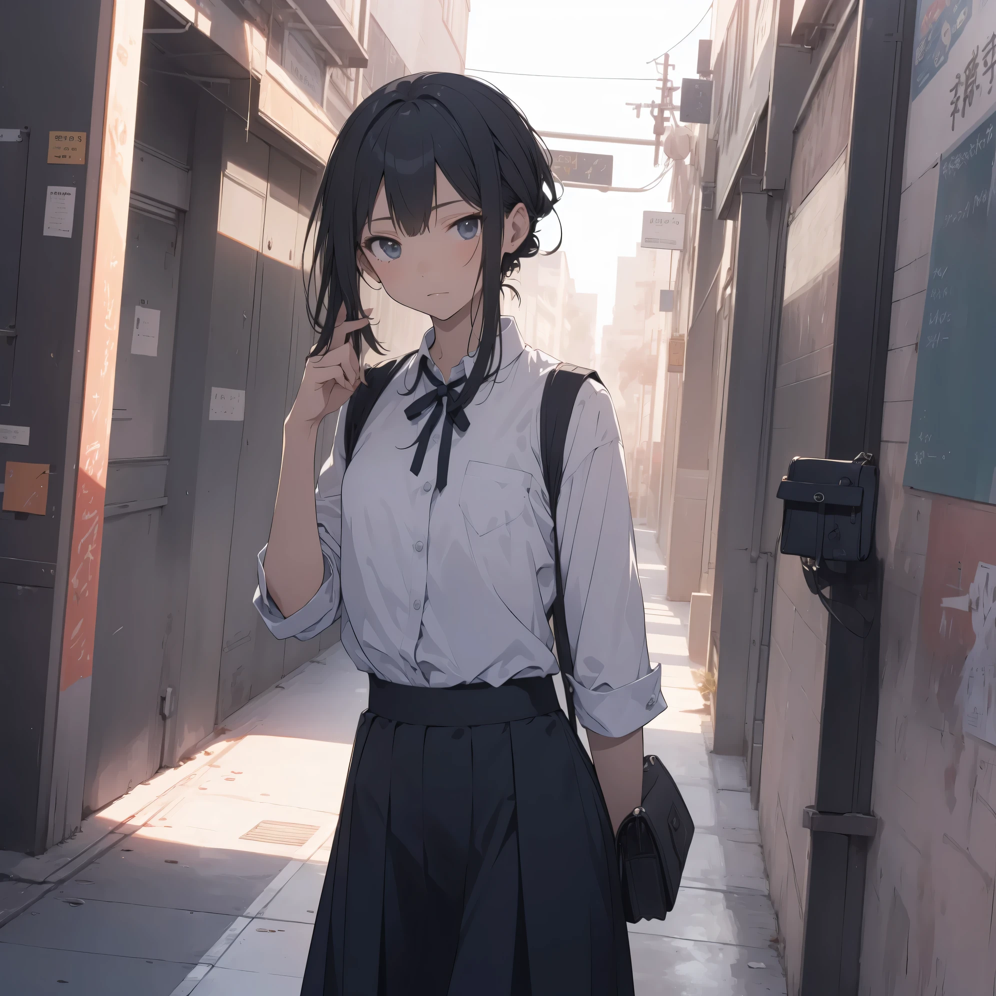 Super high quality by the art god, super detailed, High resolution, Shinkai Makoto style, anime moe art style, best anime 8K konachan wallpaper, pixiv contest winner, perfect anatomy, break,(眠そうにalone学校へ行く女の子を描いてください. )break, 1 girl, (alone,little woman, lolita, , 13 years old:1.3),All limbs, full finger,, The charm of an immature body, (very short hair), flat chest, small ass, between legs, slim legs, Small black eyes, beautiful and fine eyes, Well-proportioned iris and pupils, expressive eyes, disgusted eyes, High resolutionの詳細な髪, wearing school uniform, (skirt),(detailed lighting), (detailed background), On the way to school. break,super dense skin, Best lighting by famous artists, 8K, figure,UHD, rough skin