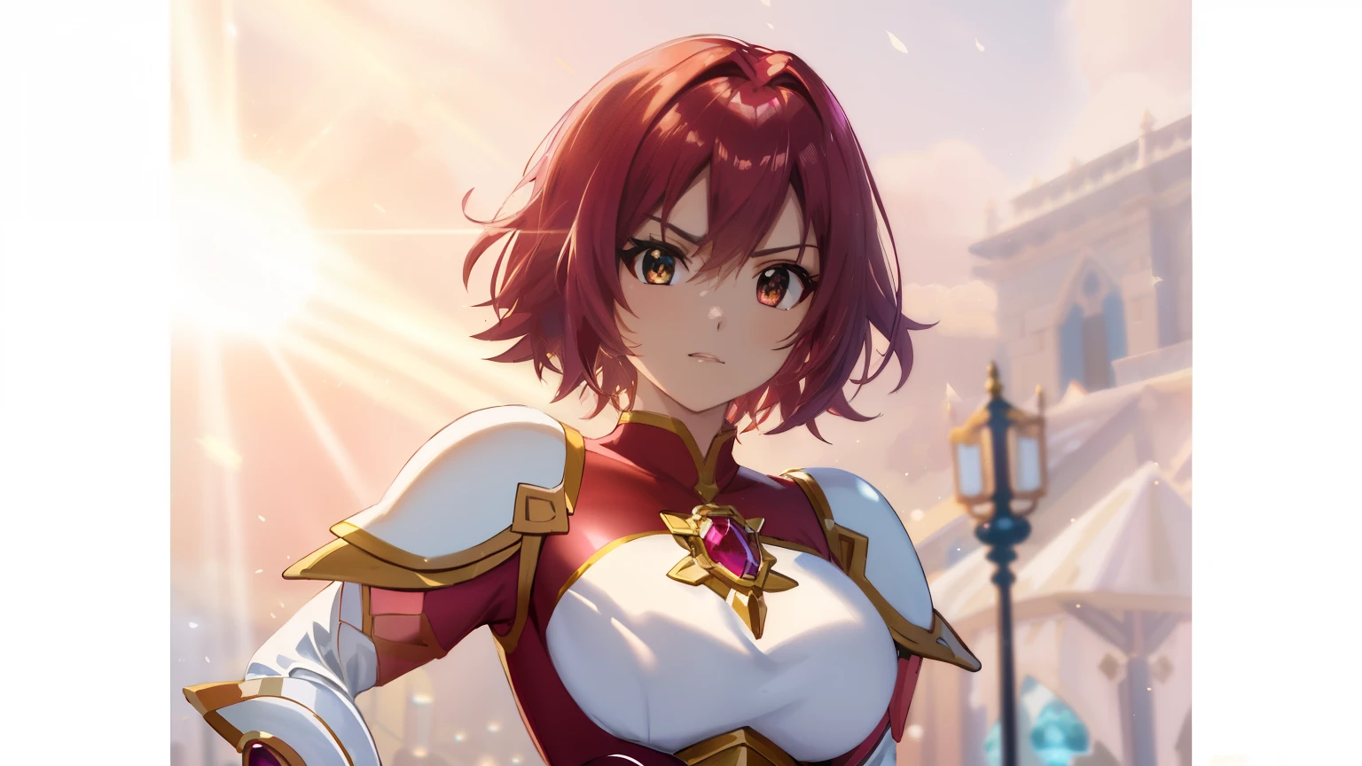 Close-up of a girl in a white leotard costume with a sword, knights of zodiac girl, zodiac girl portrait knight, Girl with short red hair, Brown-eyed girl, muscular woman, feminine and muscular, Shining ruby armor, 魅惑的なprincess night, Dressed in light armor, Dress Armor Girl, big breasts, had big breasts, Tits, Shiny ruby armor, galactic princess, leotard with an white, Crystal Ruby Armor, Hymn to the King as a Princess, armor with an crystal ruby, High quality anime art style, Smooth anime CG art, princess night, digital manga art, magical girl anime magical girl, Ruby Princess, Ruby reflective armor, whole body,