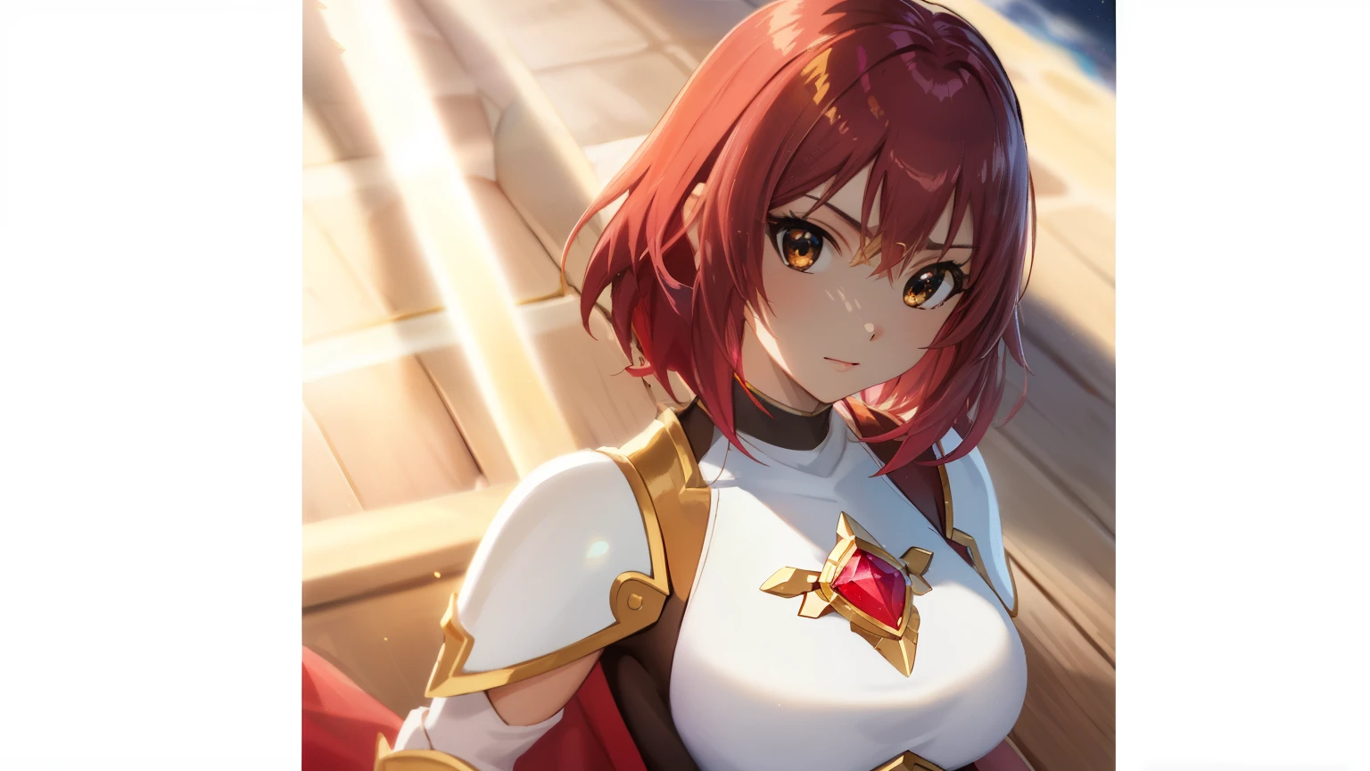 Close-up of a girl in a white leotard costume with a sword, knights of zodiac girl, zodiac girl portrait knight, Girl with short red hair, Brown-eyed girl, muscular woman, feminine and muscular, Shining ruby armor, 魅惑的なprincess night, Dressed in light armor, Dress Armor Girl, big breasts, had big breasts, Tits, Shiny ruby armor, galactic princess, leotard with an white, Crystal Ruby Armor, Hymn to the King as a Princess, armor with an crystal ruby, High quality anime art style, Smooth anime CG art, princess night, digital manga art, magical girl anime magical girl, Ruby Princess, Ruby reflective armor, whole body,