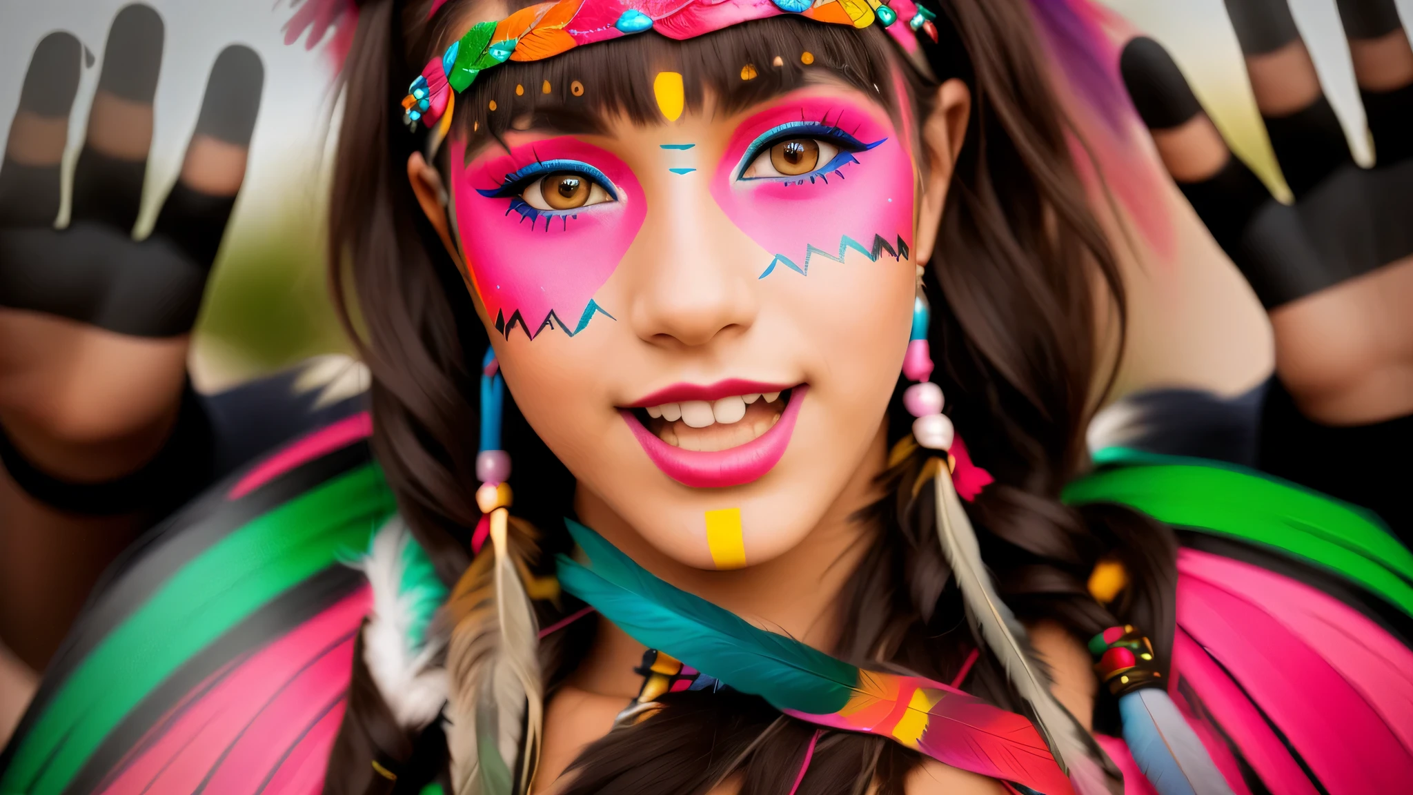 a close up of a young girl with colorful makeup and feathers, tribal facepaint, tribal makeup, lovely bohemian princess, tribal paint, decora inspired, aztec princess portrait, girl with feathers, face paint, inspired by George Catlin, face painting, painted face, hippie girl, tribal face paintings, innocent look. rich vivid colors, facepaint