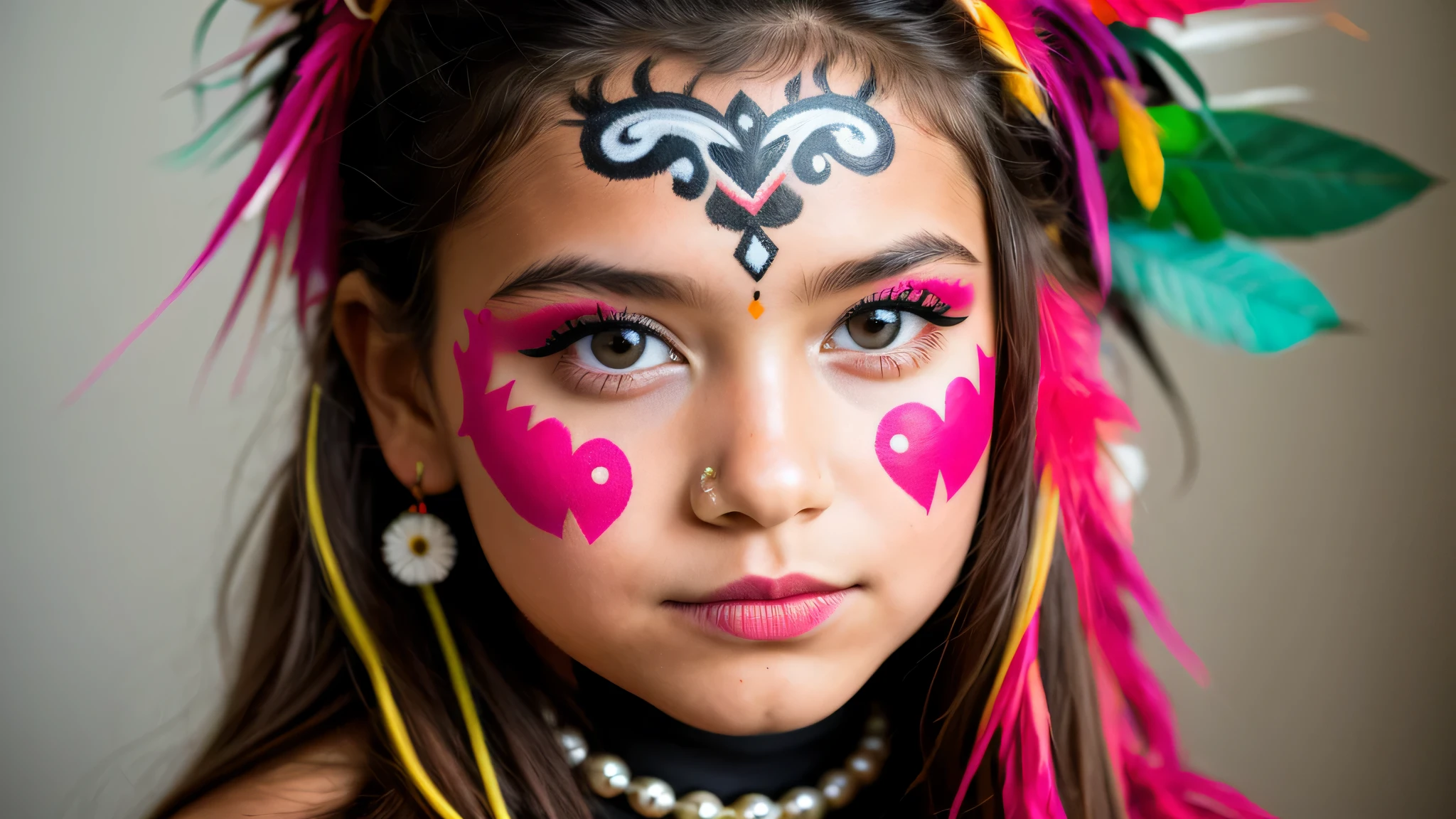 a close up of a young KIDS girl with colorful makeup and feathers, tribal facepaint, tribal makeup, lovely bohemian princess, tribal paint, decora inspired, aztec princess portrait, girl with feathers, face paint, inspired by George Catlin, face painting, painted face, hippie girl, tribal face paintings, innocent look. rich vivid colors, facepaint
