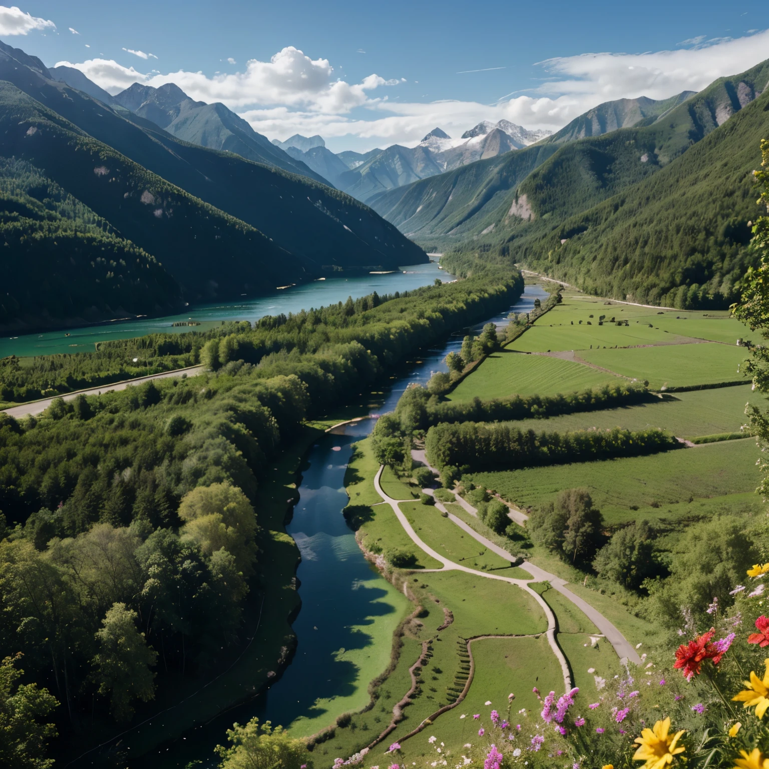 beautiful valley, Paradise, the forest, flowers, mountains, lake, Wonder of the World, view from above, Beautiful scenery, sunny, masterpiece, High quality, 4k