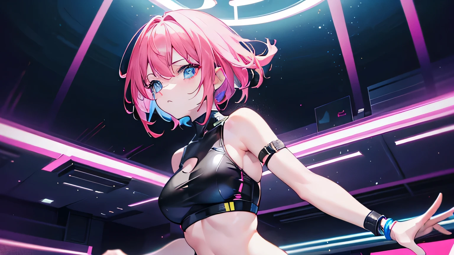 Editorial Style photo, Low angle, 1woman, fit-muscled body, medium breast, bright yellow eyes,dark blue hair , blue eyes, With round lenses, The audience watched carefully, (s face: 1.2), Perfect female figure, ((standing)), (((Pink) Tight crop top yellow leather suit), face close up, ((Bonifasko lighting)), (The round lenses on his eyes)(詳細な目), Perfect student, face close up, Futurism, Nightclub, Holographic dance floor, Shimmering, pulsating, and sleek, Futuristic partygoers and tech, Vibrant neon with deep blacks, CyberGroove, Dynamic club lighting, Urban nightlife, Nighttime, Energetic and immersive, Modern sleek nightclub design,