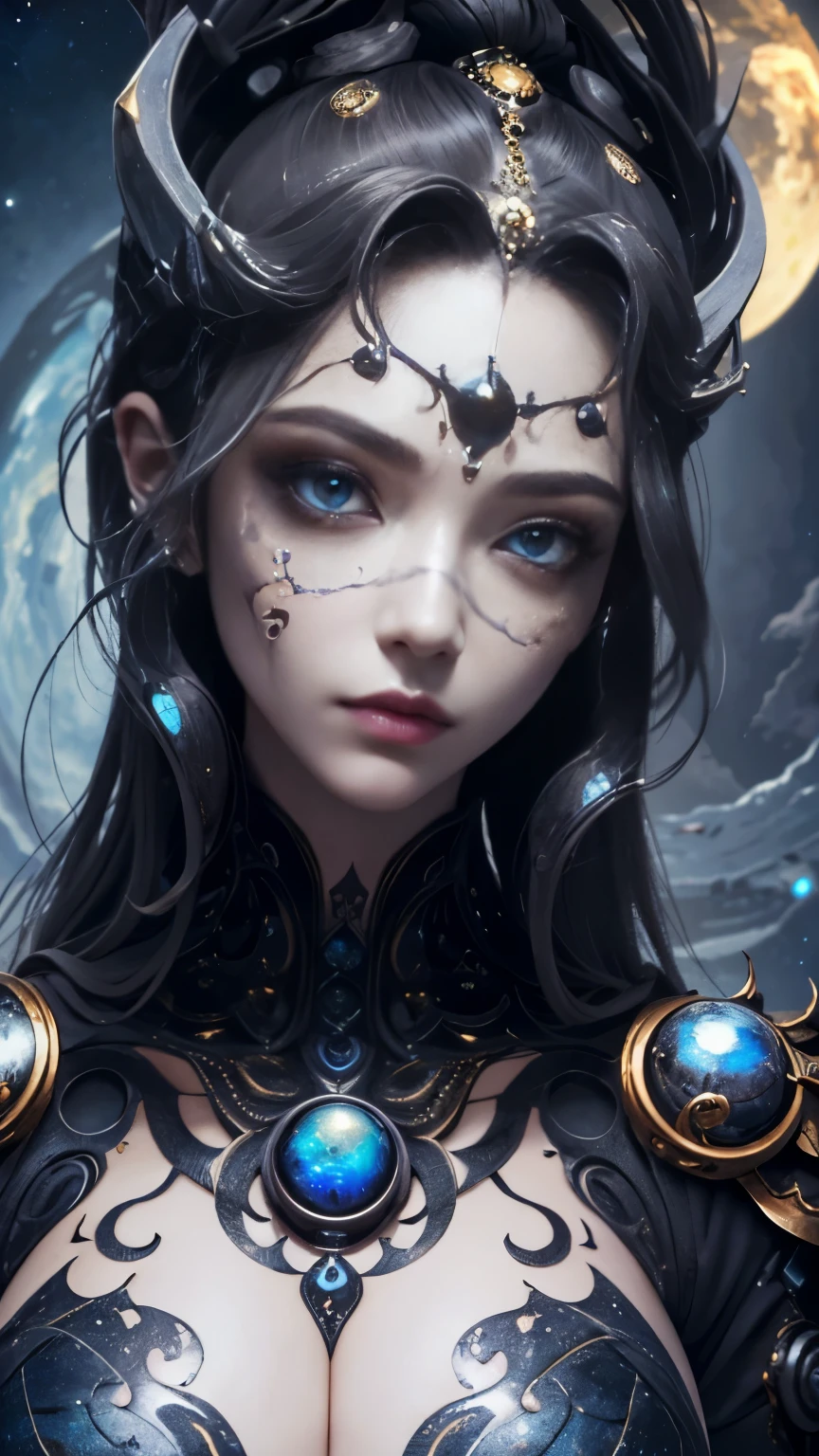 （best quality，Super detailed，Best Best Illustration，best shadow，masterpiece，high resolution，professional artwork，famous artwork），细致s eyes，美丽s eyes，Close-up cleavage，Wind and clouds，Colored sclera，s eyes，facial markings，Tattoos are，（fractal，fractal eyes），big eyes，big eyes，（eye focus），surface focus，cosmic eye，space eye，Close up of metal sculpture of woman with moon in her hair，welcome。extremely high detail，3 d welcomes portrait，Extremely detailed footage of the welcomes，a stunning portrait of a welcomes，welcomes portrait，portrait of a beautiful welcomes，welcomes close-up portrait，hecate welcomes，portrait of a norse moon welcomes，welcomes of space and time
