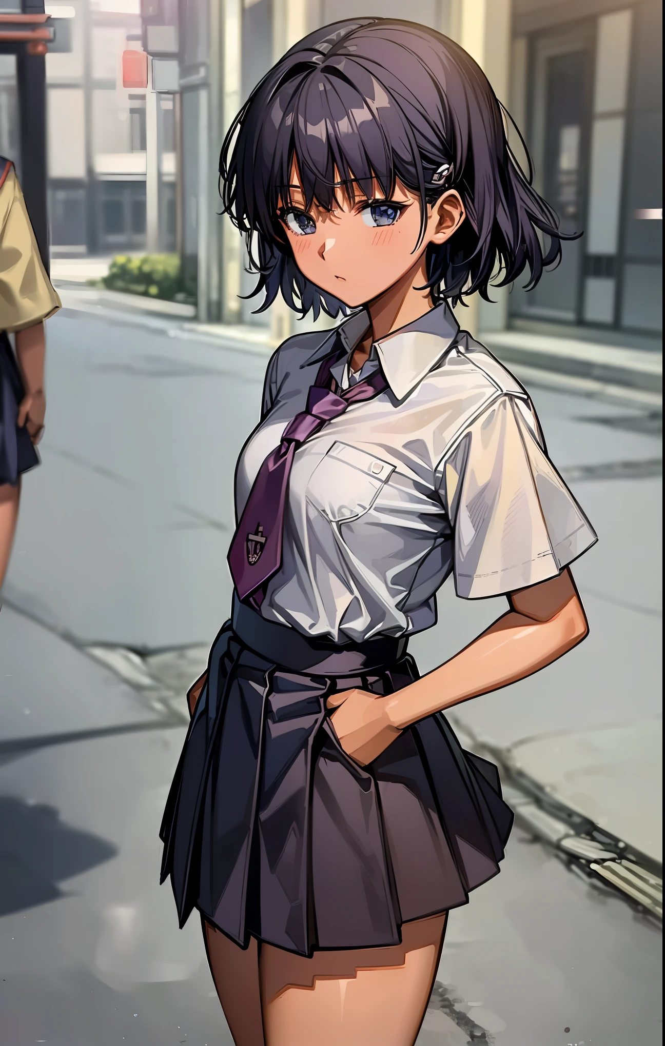 (masterpiece, best quality;1.3),extremely beautiful detailed anime face and eyes,extremely detailed illustrations,1girl, solo, 18-year-old、detailed skin, dark skin,((Japan in school uniform:1.5))、(collared shirt,white crop shirt pleated miniskirt),ideal ratio body proportions,slender body,medium breast,cowboy shot, shy look、 nadia,short cut hair,dark purple hair,standing, sadamoto yoshiyuki,bustling street、Tokyo、