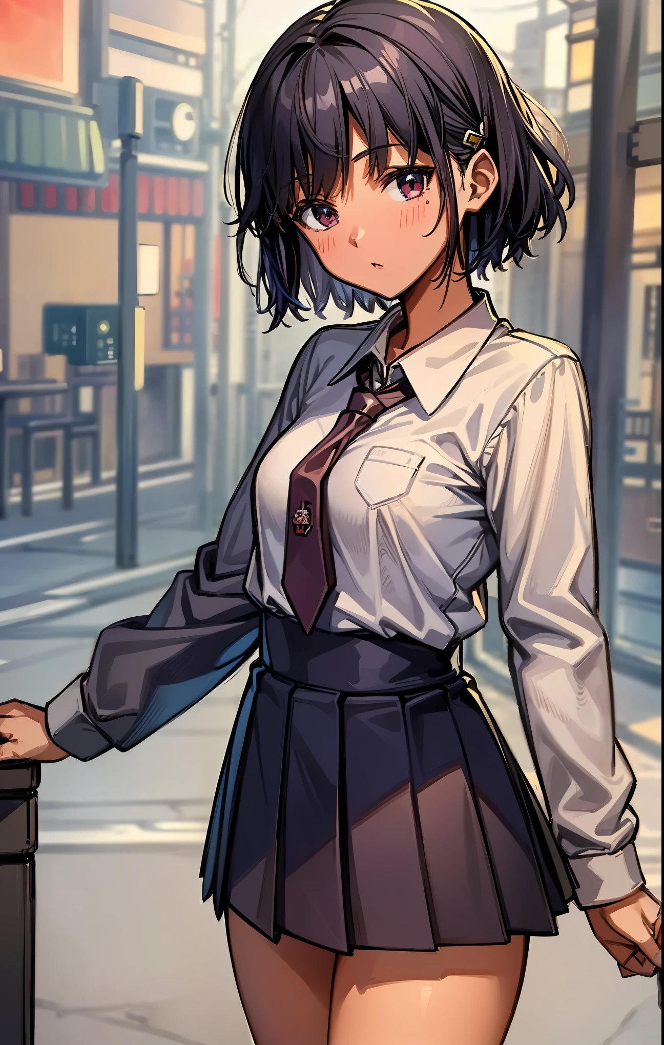(masterpiece, best quality;1.3),extremely beautiful detailed anime face and eyes,extremely detailed illustrations,1girl, solo, 18-year-old、detailed skin, dark skin,((Japan in school uniform:1.5))、(collared shirt,white crop shirt、navy pleated mini skirt),ideal ratio body proportions,slender body,medium breast,cowboy shot, shy look、 nadia,short cut hair,dark purple hair,standing, sadamoto yoshiyuki,bustling street、Tokyo、