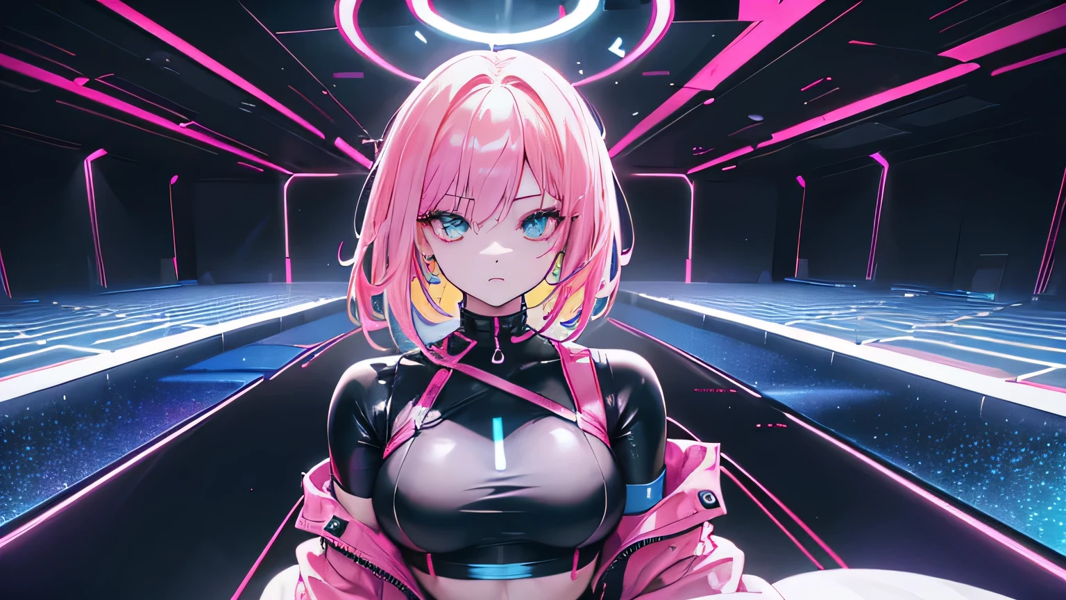 Editorial Style photo, Low angle, 1woman, fit-muscled body, medium breast, bright yellow eyes,dark blue hair , blue eyes, With round lenses, The audience watched carefully, (s face: 1.2), Perfect female figure, ((standing)), (((Pink) Tight crop top yellow leather suit), face close up, ((Bonifasko lighting)), (The round lenses on his eyes)(詳細な目), Perfect student, face close up, Futurism, Nightclub, Holographic dance floor, Shimmering, pulsating, and sleek, Futuristic partygoers and tech, Vibrant neon with deep blacks, CyberGroove, Dynamic club lighting, Urban nightlife, Nighttime, Energetic and immersive, Modern sleek nightclub design,