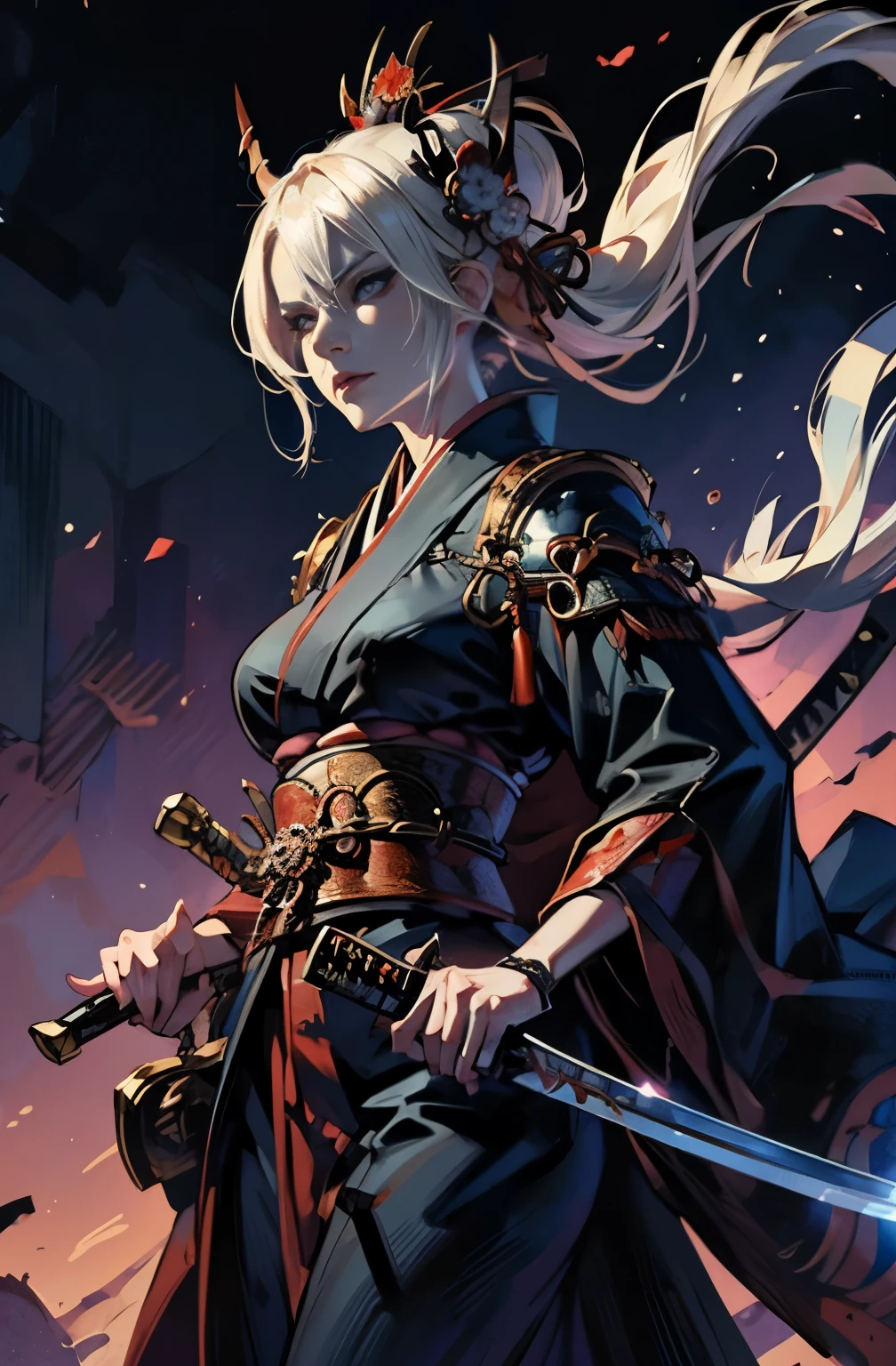 Krenzky Art Feminine, Highly detailed art buds, Ruan Jia and Artgerm, Onmyoji detailed art, beautiful character drawings, Lost Hikisakimi-chan, Artjam and Luan Jia, amazing exquisite character art, lady in red armor, Written by Jean Jay., Yakuza woman, SakuraFubuki, beautiful female samurai painting, Demon woman with a metal rod, Suronin, Shura Road, A skilled female swordswoman, ghost girl, The beginning of the entertainment district, scary demon courtesan, scary demon woman, Japanese sword, Demon knife, Japanese sword, Tachi, 赤いJapanese sword, Japanese sword, Japanese sword, swords, 抜身のJapanese sword, Strong female samurai, 2book corner, 2book cornerの生えた鬼 牙のある口, Eyes without pupils, Hundred Flower Orchid, The Flower of Carnage, The demon king who rules over the darkness of Kyoto.,Very cold, Atrocities, cold-blooded, Cruel, platinum blonde demon, Beautiful red kimono, Female Yakuza, Doji Ibaraki, Shuten Douji, highest quality, perfect angle, perfect composition, The perfect subject, best shot, official art, cinematic light, figurative art, Beautiful and expressive paintings, Beautiful artwork illustration,cool beauty, sharp outline, pretty much beautiful face, The devil lurking in the darkness of Kyoto, Lord of Chimi-Mourou, unparalleled ferocity