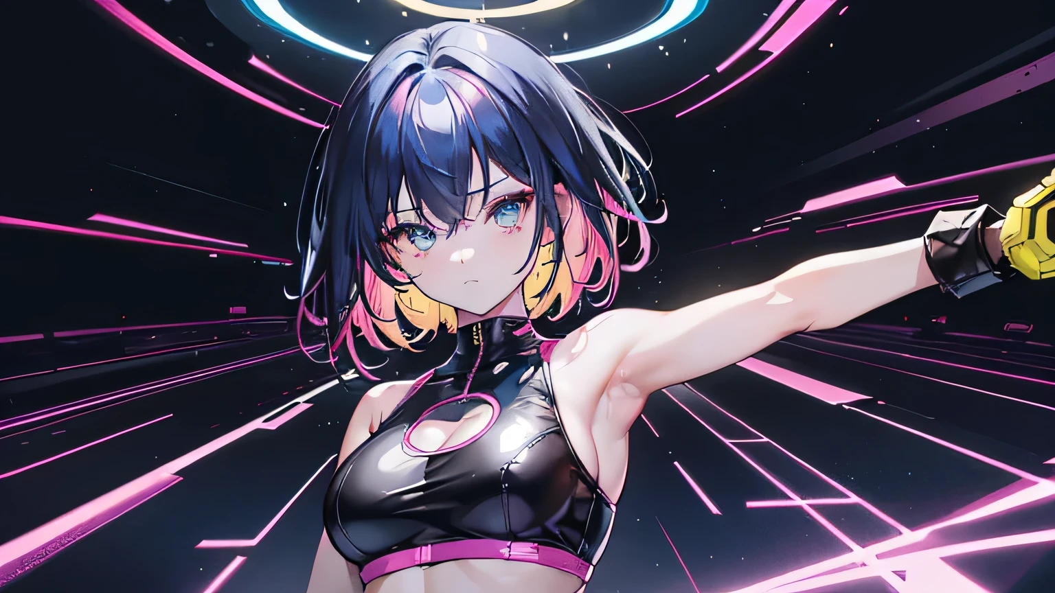 Editorial Style photo, Low angle, 1woman, fit-muscled body, medium breast, bright yellow eyes,dark blue hair , blue eyes, With round lenses, The audience watched carefully, (s face: 1.2), Perfect female figure, ((standing)), (((Pink) Tight crop top yellow leather suit), face close up, ((Bonifasko lighting)), (The round lenses on his eyes)(詳細な目), Perfect student, face close up, Futurism, Nightclub, Holographic dance floor, Shimmering, pulsating, and sleek, Futuristic partygoers and tech, Vibrant neon with deep blacks, CyberGroove, Dynamic club lighting, Urban nightlife, Nighttime, Energetic and immersive, Modern sleek nightclub design,