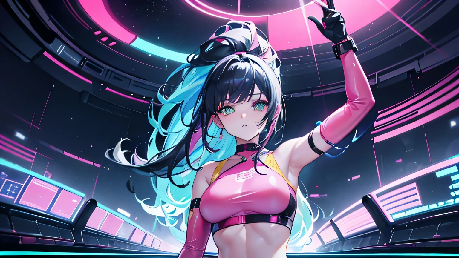 Editorial Style photo, Low angle, 1woman, fit-muscled body, medium breast, bright yellow eyes,dark blue hair , blue eyes, With round lenses, The audience watched carefully, (s face: 1.2), Perfect female figure, ((standing)), (((Pink) Tight crop top yellow leather suit), face close up, ((Bonifasko lighting)), (The round lenses on his eyes)(詳細な目), Perfect student, face close up, Futurism, Nightclub, Holographic dance floor, Shimmering, pulsating, and sleek, Futuristic partygoers and tech, Vibrant neon with deep blacks, CyberGroove, Dynamic club lighting, Urban nightlife, Nighttime, Energetic and immersive, Modern sleek nightclub design,