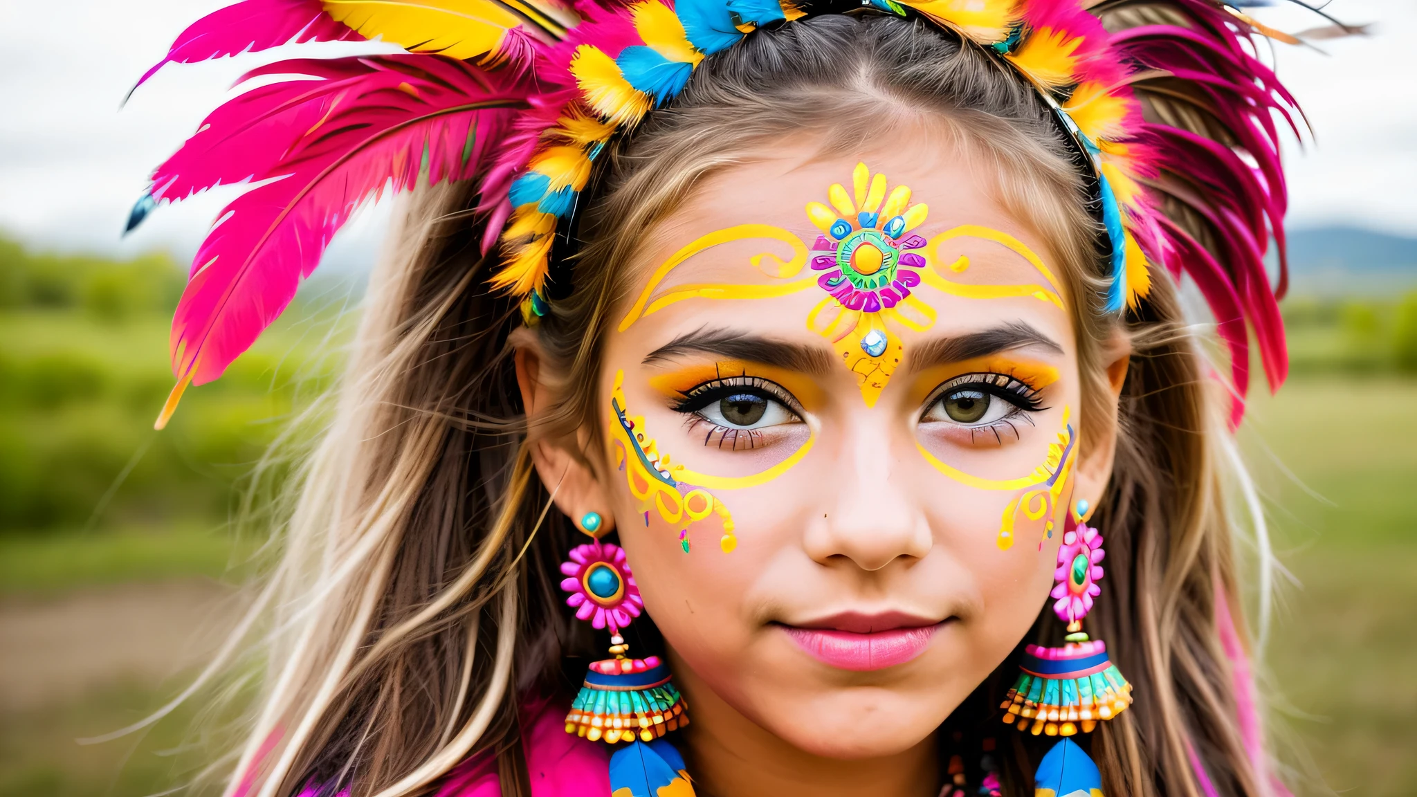 a close up of a young ???? girl BLONDE with colorful makeup and feathers, tribal facepaint, tribal makeup, lovely bohemian princess, tribal paint, decora inspired, aztec princess portrait, girl with feathers, face paint, , face painting, painted face, hippie girl, tribal face paintings, innocent look. rich vivid colors, facepaint
