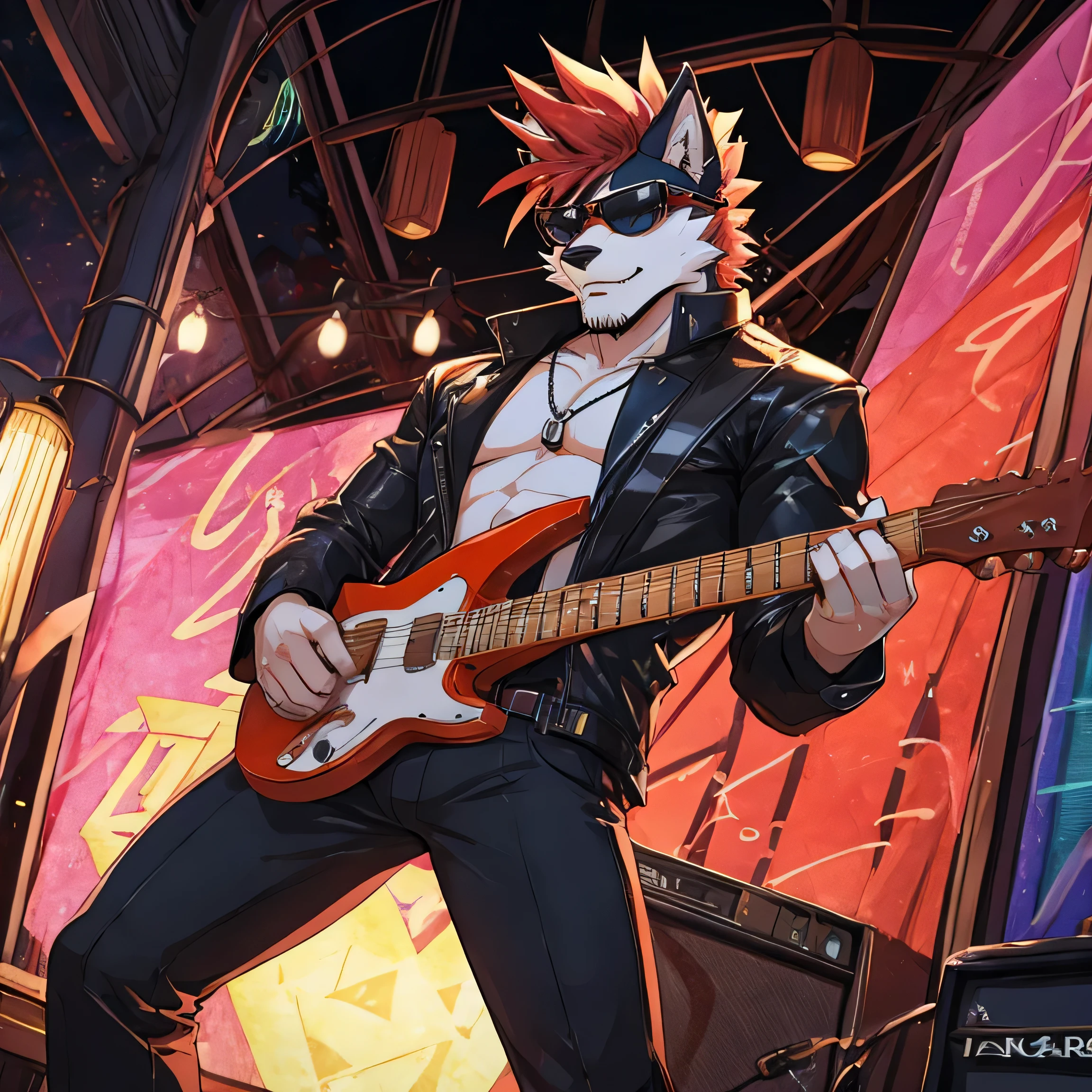 A rooster with a mohawk, wearing a leather jacket and sunglasses, playing an electric guitar with passion. Sketch art style with a rock and roll vibe., anime