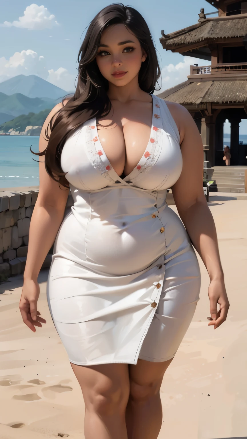 Woman in white dress standing on the beach, Attractive feminine curves, curvy hourglass illustration, Curvaceous, curvy model, attractive plus size model, sensual body, Curvaceous. detailed expression, sensual figure, tight dress, curved body, She has a plump, round belly, very tortuous, hourglass illustration, attractive curves