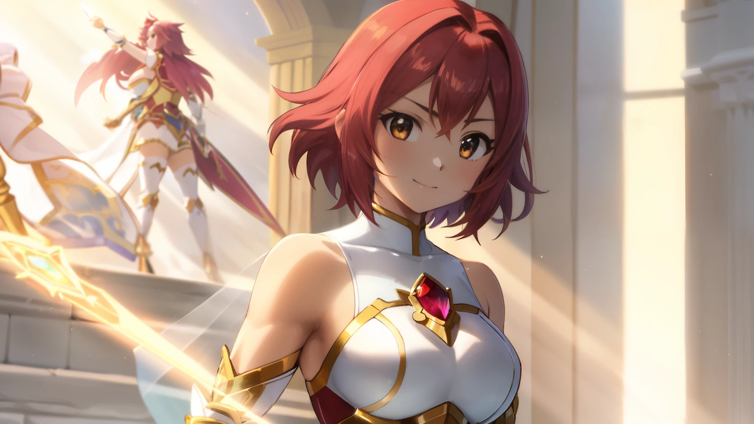 Close-up of a girl in a white leotard costume with a sword, knights of zodiac girl, zodiac girl portrait knight, 14 year old girl, Girl with short red hair, Brown-eyed girl, muscular woman, feminine and muscular, Shining ruby armor, 魅惑的なprincess night, Dressed in light armor, Dress Armor Girl, big breasts, had big breasts, Tits, Shiny ruby armor, galactic princess, leotard with an white, Crystal Ruby Armor, Hymn to the King as a Princess, armor with an crystal ruby, High quality anime art style, Smooth anime CG art, princess night, digital manga art, magical girl anime magical girl, Ruby Princess, Ruby reflective armor, whole body,