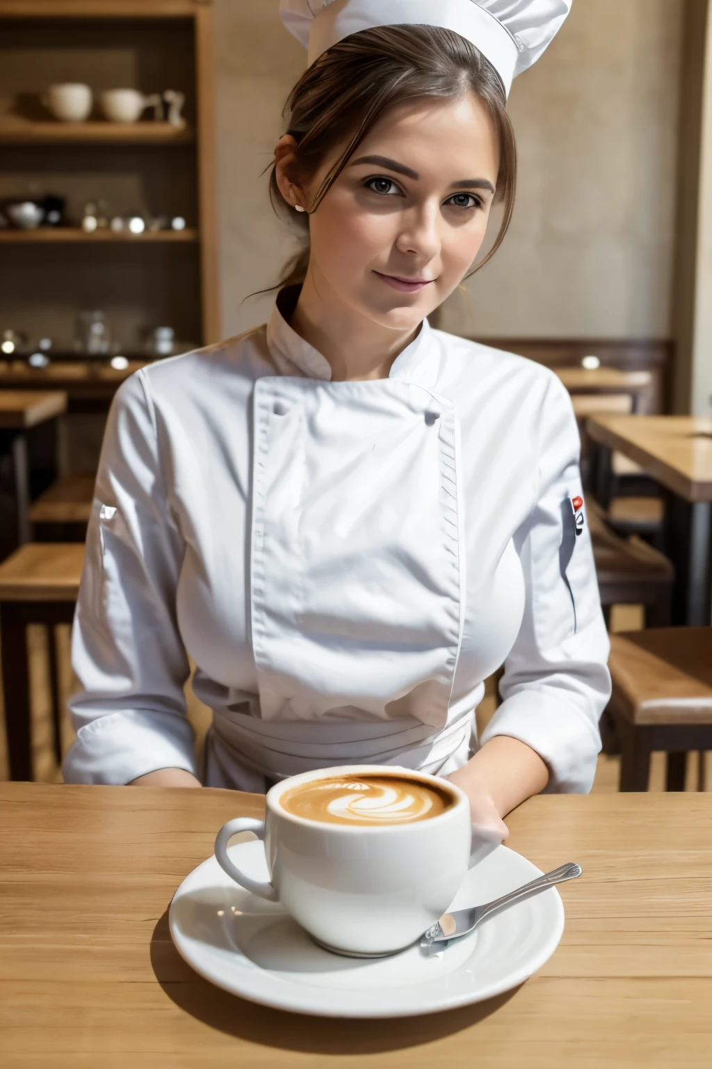 (best quality, 8K, 32K, chef-d'artwork, UHD: 1.5), Woman in Casual Dress, (Giant tits: 1.4), Fille aux yeux verts), fille aux cheveux bruns, Detailed hands, Visage d'April Lavigne, corps entier, in a coffee shop, in the afternoon, sitting down with a coffee, A cup of white coffee on the table, well defined, to l'air libre, many people in the background