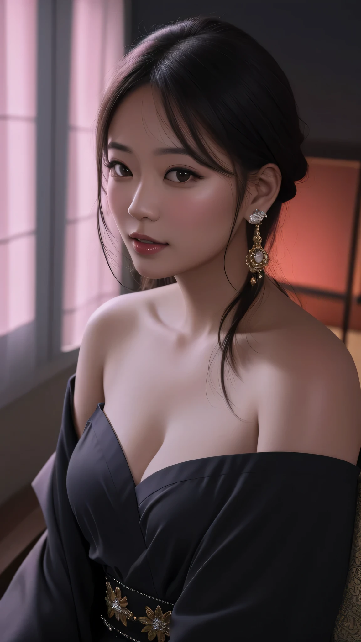 ((Best quality, 8k, Masterpiece :1.3)), Beautiful face, (photo realistic:1.4), soft lighting, (high detailed skin:1.3), 8k uhd, dslr, high quality, high resolution, 4k, 8k, absurdres, best ratio four finger and one thumb, (realistic:1.4), ((realistic medium breasts :1.3)), Highly detailed face and skin texture, Detailed eyes, Double eyelid, full body view, 1 asian woman, off shoulder kimono outfit