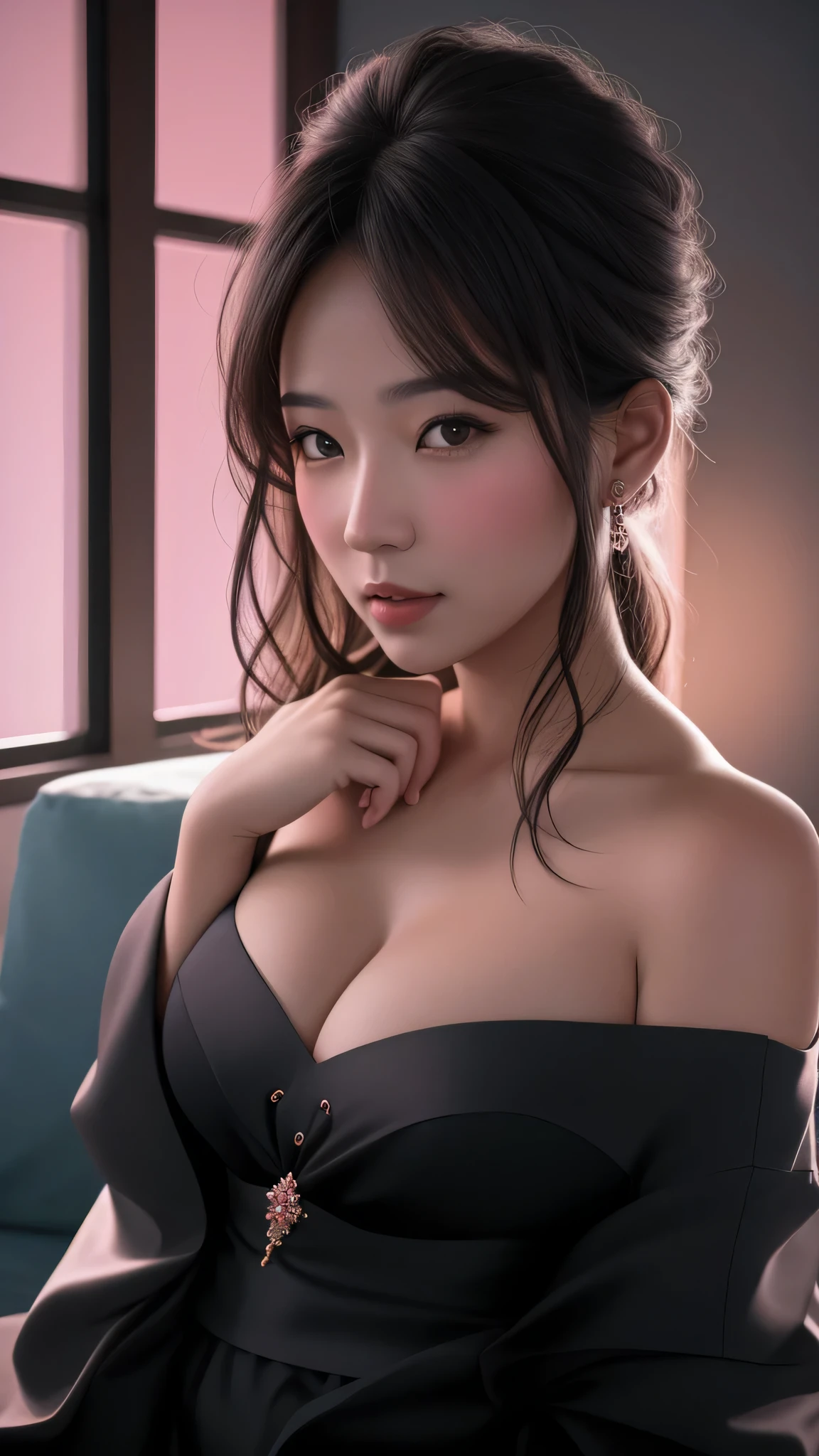 ((Best quality, 8k, Masterpiece :1.3)), Beautiful face, (photo realistic:1.4), soft lighting, (high detailed skin:1.3), 8k uhd, dslr, high quality, high resolution, 4k, 8k, absurdres, best ratio four finger and one thumb, (realistic:1.4), ((realistic medium breasts :1.3)), Highly detailed face and skin texture, Detailed eyes, Double eyelid, full body view, 1 asian woman, off shoulder kimono outfit