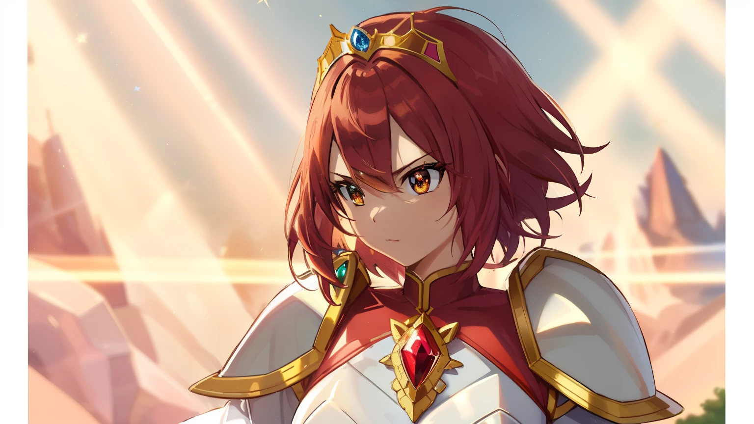 Close-up of a girl in a white leotard costume with a sword, knights of zodiac girl, zodiac girl portrait knight, Girl with short red hair, Brown-eyed girl, muscular woman, feminine and muscular, Shining ruby armor, 魅惑的なprincess night, Dressed in light armor, Dress Armor Girl, big breasts, had big breasts, Tits, Shiny ruby armor, galactic princess, leotard with an white, Crystal Ruby Armor, Hymn to the King as a Princess, armor with an crystal ruby, High quality anime art style, Smooth anime CG art, princess night, digital manga art, magical girl anime magical girl, Ruby Princess, Ruby reflective armor, whole body,