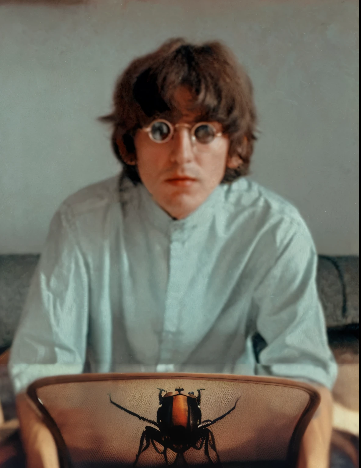arafed man with glasses sitting on a couch in a living room, john lennon, old john lennon, george harrison, elton john lennon, john lennon as a stag beetle, beatle, 1 9 7 0 colour photography, colorized, the beatles, jim morrison, psychedelic colorization, paul mccartney, original style, digitally remastered, unreleased, alexander, strawberry fields forever