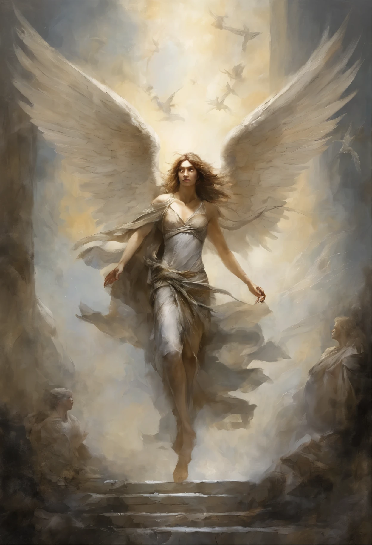 Three angels carrying a young man towards heaven. Dramatic lighting, volumetric lighting, epic illustration. Art by Yoji Shinkawa, symmetric circular iris, approaching perfection, pure form, minimalistic, isometric, concept art by Brian Froud, by Carne Griffiths, by Wadim Kashin, by John William Waterhouse, intricate details, 8k post production, high resolution, TanvirTamim, hyperdetailed, trending on artstation, sharp focus, studio photo, intricate details, highly detailed, by greg rutkowski.