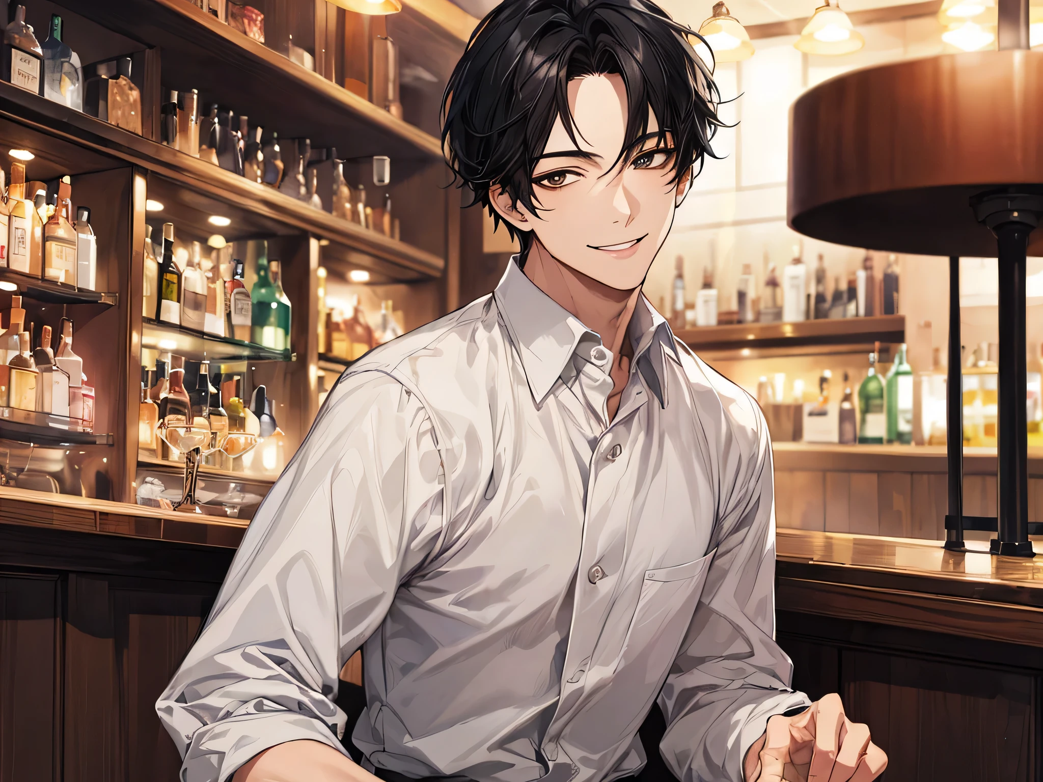 masterpiece, highest quality,portrait,1 male, black hair, alone, Bar waitress,smile