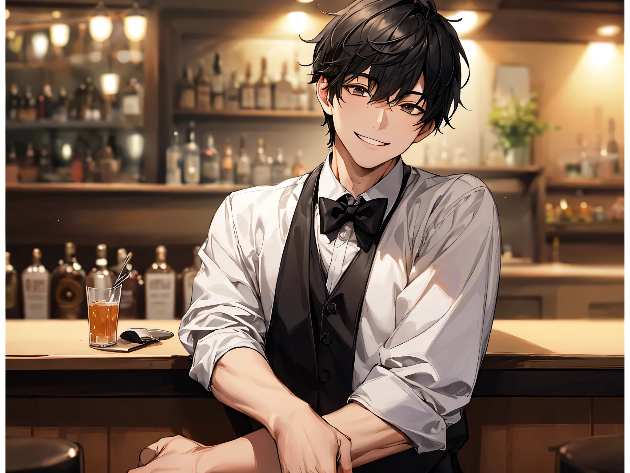 masterpiece, highest quality,portrait,1 male, black hair, alone, Bar waitress,smile