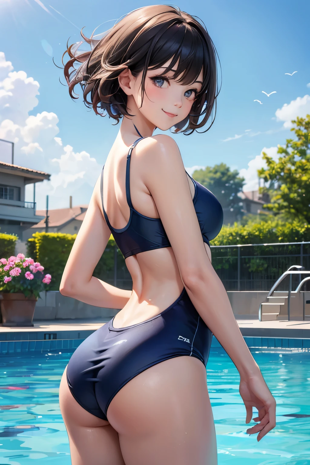 very cute and beautiful girl,(highly detailed beautiful face),blue school swimsuit,
standing,(from behind,looking back),leaning forward,pool side,tiny colorful flowers,
(smile),looking at viewer,black hair,cowboy shot,
(best quality,masterpiece:1.2),absurdres,highres,ultra-detailed,extremely detailed,32k,
cinematic scene,detailed background,solo,dynamic angle,
hair fluttering in the wind,beautiful detailed sky,
(realistic),perfect hands,