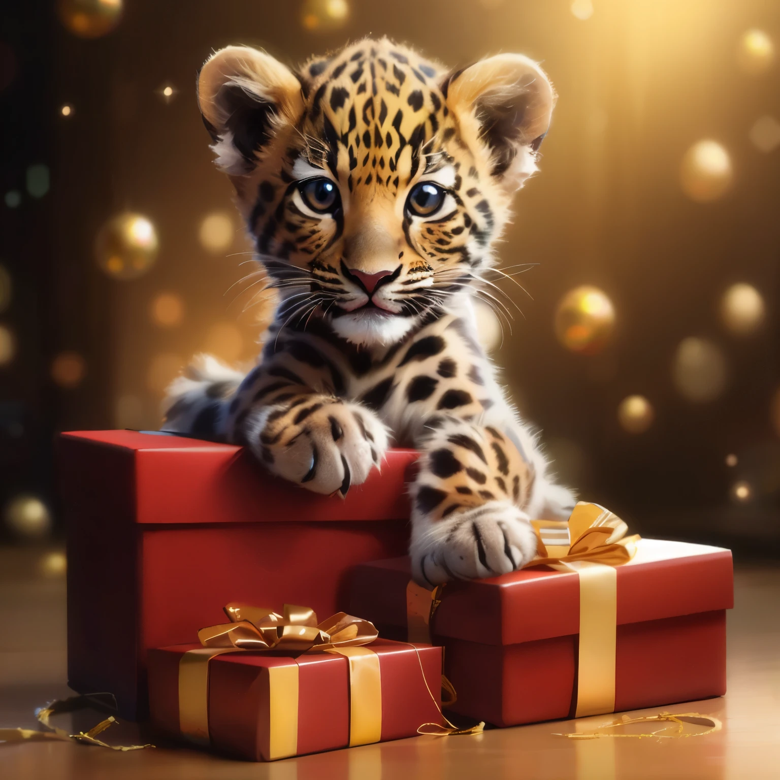 Cute  leopard cub that lies with new year gift, gifts, adorable digital art. photo realistic, photo animals magazine national nature, photo realistic image,