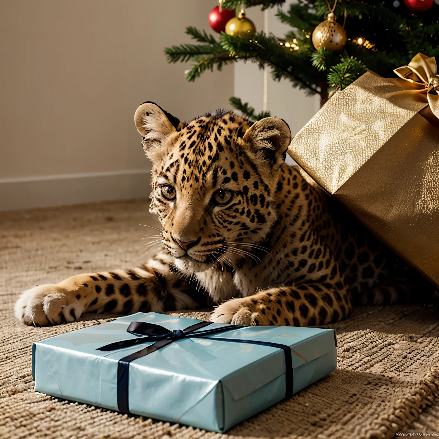 Cute leopard cub lying with a New Year's present looking at the camera, many other presents nearby, professional photo realistic, animal photo national nature magazine, photo realistic image,
