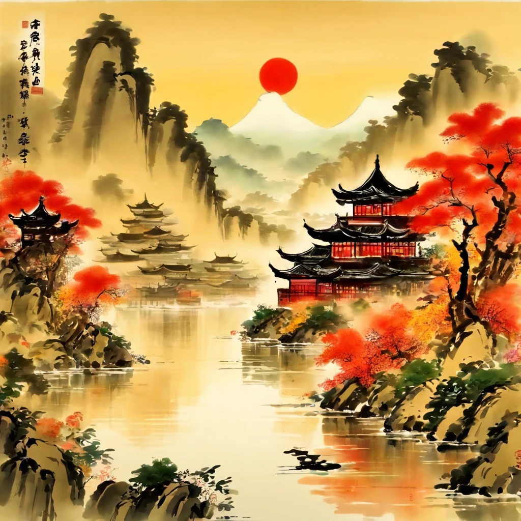 There is a loft nearby，Dongting Lake，in the distance, Water and sky are one，Chinese traditional ink painting，Wide and high viewing angles，beautiful poster，qi baishi style