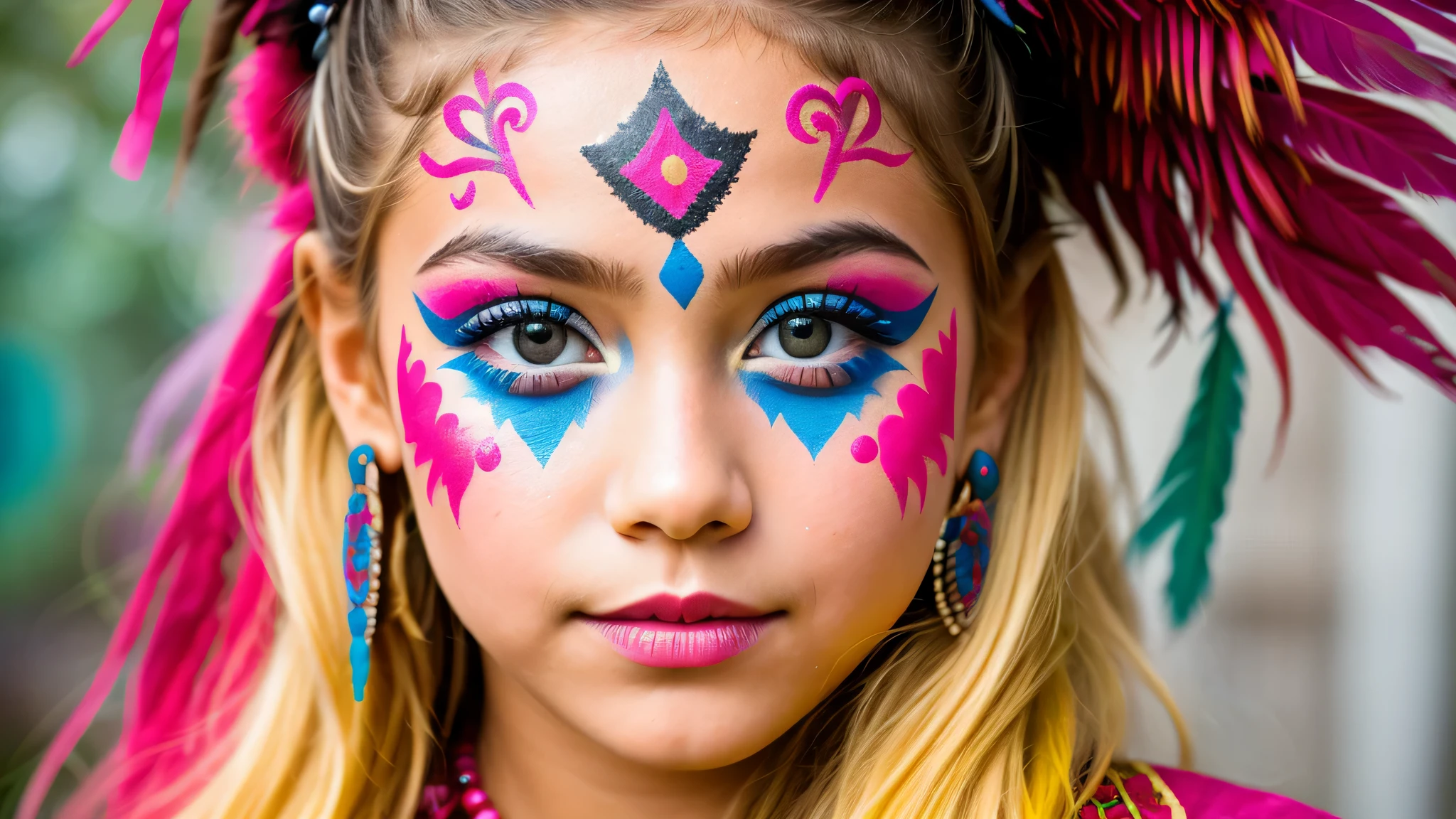 a close up of  KIDS girl BLONDE with colorful makeup and feathers, tribal facepaint, tribal makeup, lovely bohemian princess, tribal paint, decora inspired, aztec princess portrait, girl with feathers, face paint, , face painting, painted face, hippie girl, tribal face paintings, innocent look. rich vivid colors, facepaint