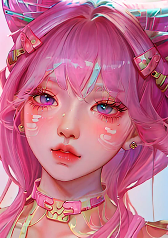 there is a girl with a pink choke and piercings on her neck, kawaii realistic portrait, inspired by Sim Sa-jeong, artwork in the style of guweiz, inspired by Yanjun Cheng, wlop glossy skin, loish |, aesthetic portrait, with very highly detailed face, portrait of jossi of blackpink, realism artstyle