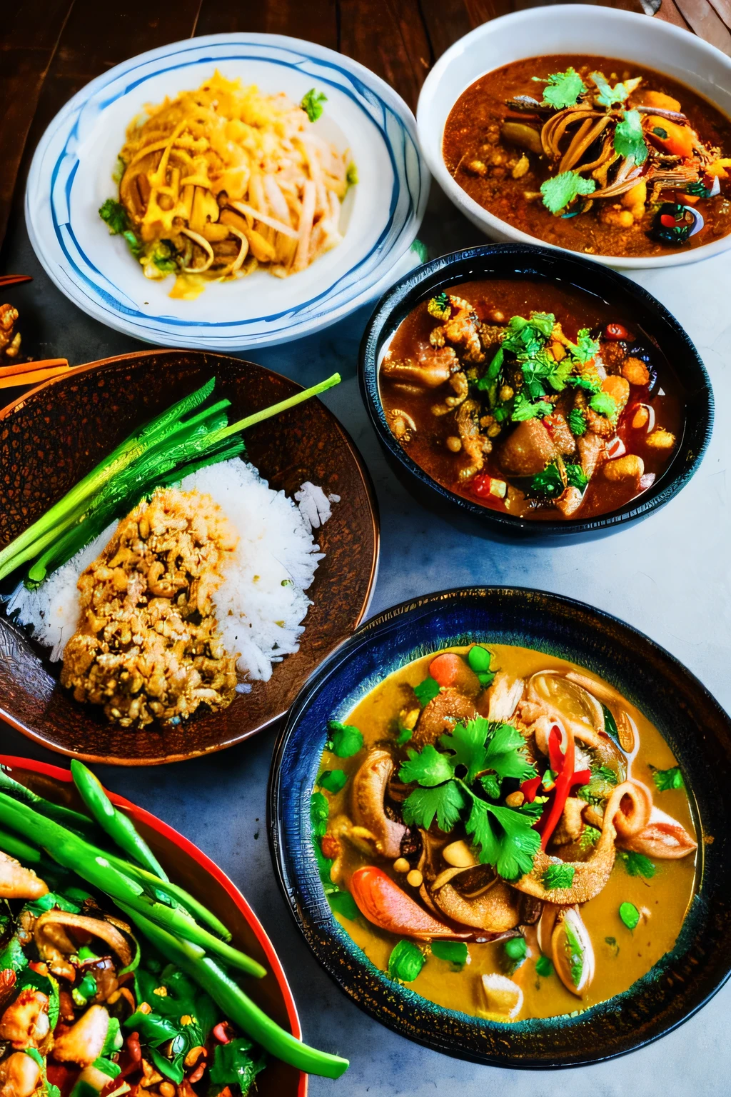 (best quality,4k,8k,highres,masterpiece:1.2),ultra-detailed,(realistic,photorealistic,photo-realistic:1.37),delicious Thai cuisine, vibrant colors, mouthwatering dishes, exotic spices, aromatic flavors, appetizing presentation, traditional Thai recipes, Thai delicacies, authentic dining experience, bustling atmosphere, rich cultural heritage, warm hospitality, diverse menu, variety of dishes, Thai street food, seafood specialties, spicy curries, flavorful stir-fries, fragrant rice dishes, refreshing salads, sweet and savory desserts, local produce, fresh ingredients, expertly cooked, Thai food paradise, delightful gastronomic journey.