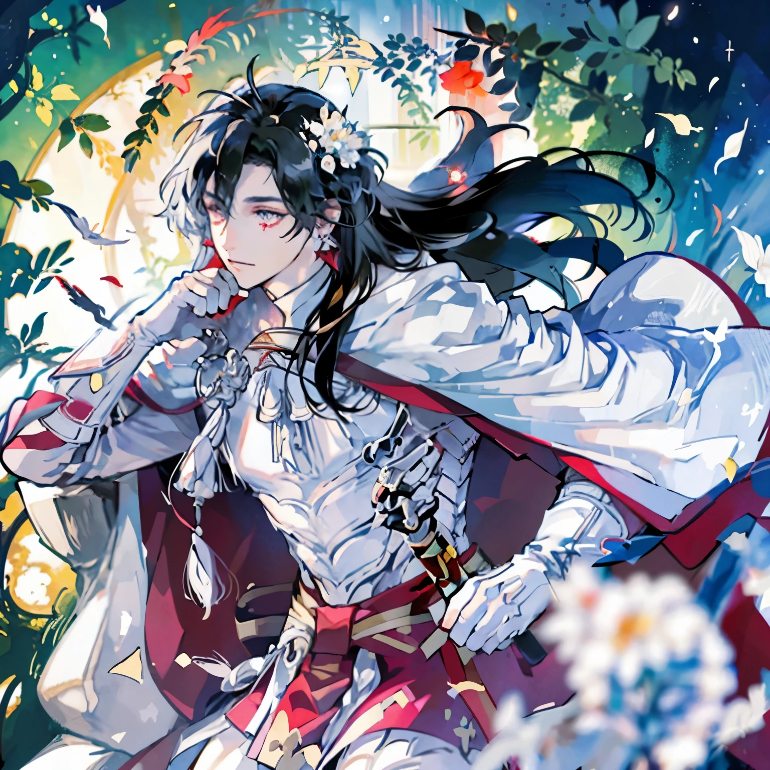 black haired man、Elegant Men、highest quality、Super detailed、magic effect、wizard、star、sunburned eyes、red earrings、long hair、Depressed face、melancholy look、smart body shape、white armor、white cloak、裏地の赤いwhite cloak、Noble、Brave Men、hair in the wind、mossy ruins、Ruins covered with ivy、dark background、Red earrings、brave warrior、the emperor、Fighting appearance、color、brightly colored、dignified expression、wielding sword、One white flower on the back of the head、ローマthe emperor、Constantine XI、
