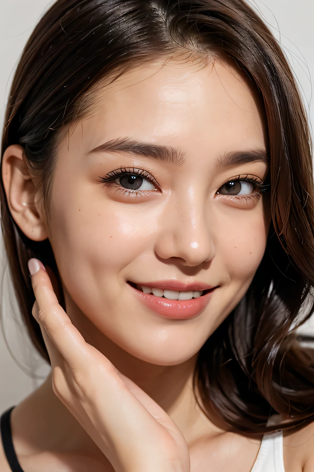8k、High resolution、close-up image、high nose、narrow eyes、long jaw、no makeup、the smile you show to your lover、Winking eyes、white skin、transparent skin、shy smile、slimming、cute smile、wrinkles around the eyes