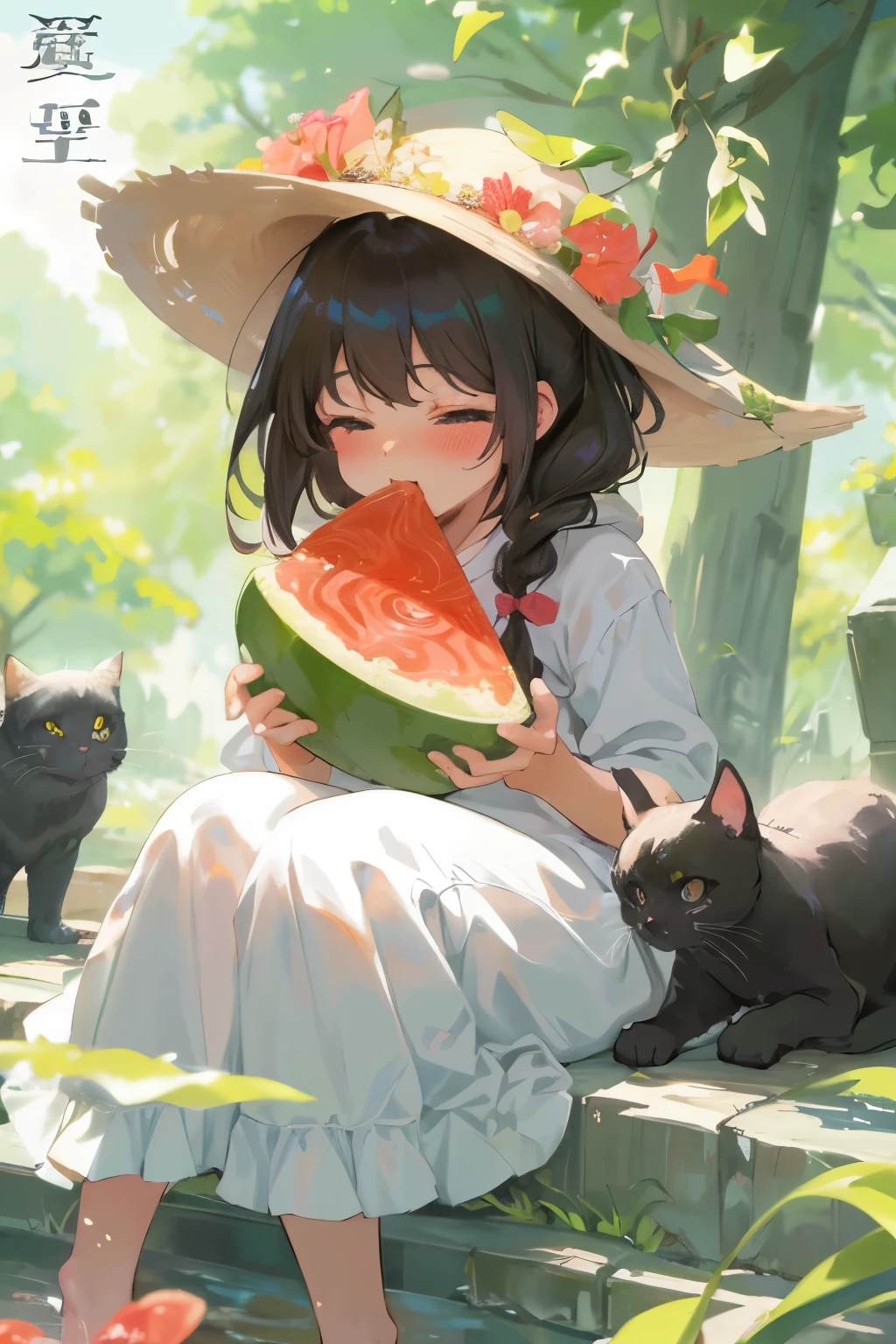 (best quality,4k,8k,highres,masterpiece:1.2),ultra-detailed,realistic:1.37,anime girl eating a slice of 西瓜, cats nearby, guweiz style artwork, guweiz, companions, pixiv style, anime illustration, guweiz on pixiv artstation, beautiful anime cat girl, beautiful anime art style, material is!!! 西瓜!!!, pixiv, cute art style, digital art on pixiv.