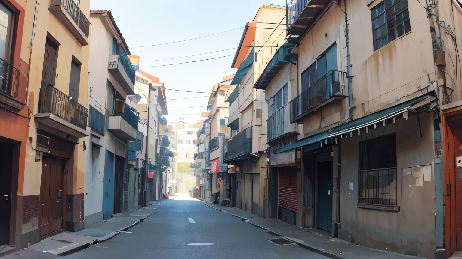 panoramic of a city alley, con edificios de apartamentos muy altos, con las paredes llenas de grafitis, botes de basura, cardboard box, basura por todos lados, 8k, antecedentes de calidad, ultra detallado, maximum resolution