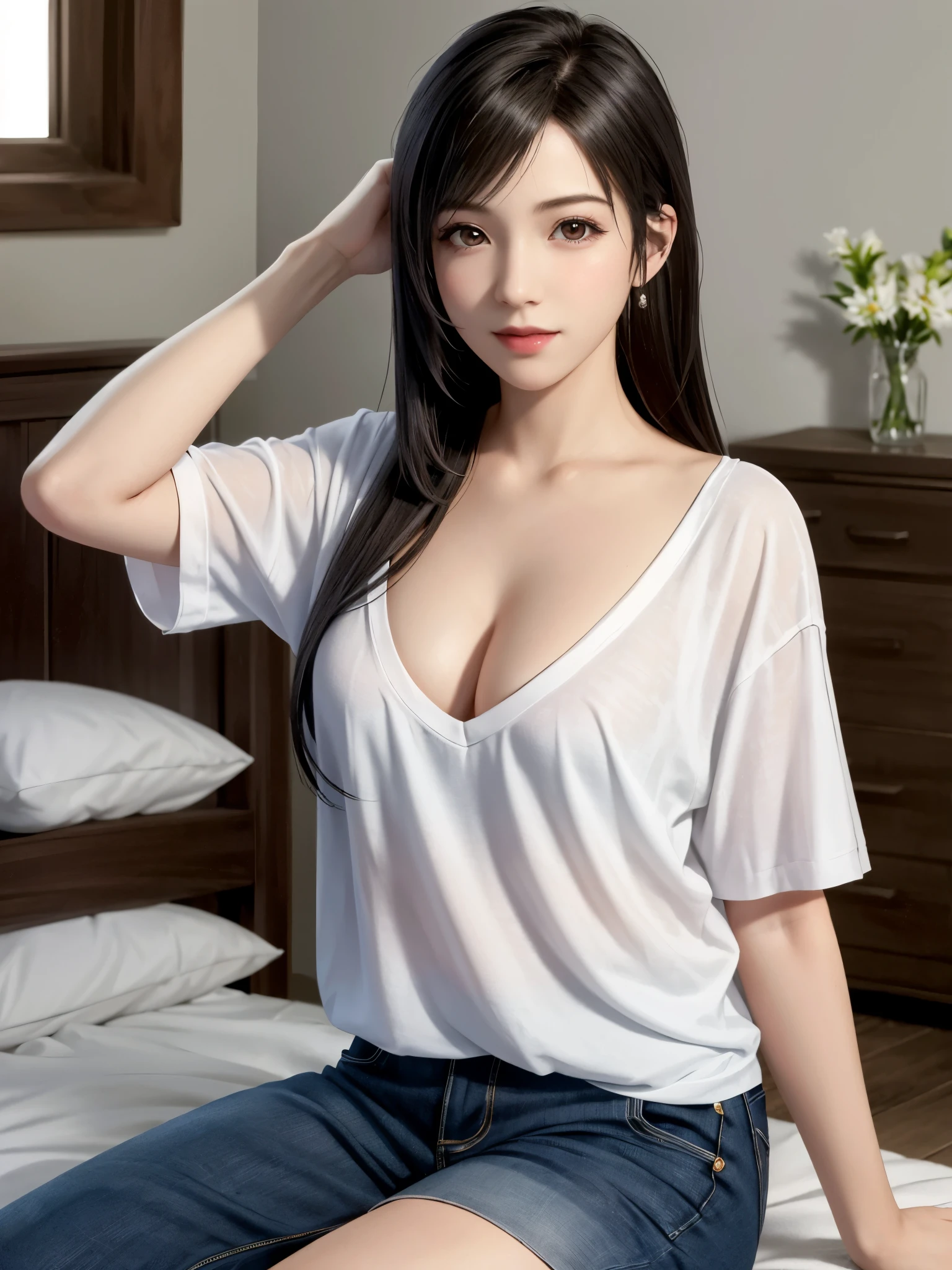 (top quality, masterpiece: 1.1), (Realistic: 1.3), BREAK (((FF7,Tifa_lockhart))),(solo,Tifa_lockhart:1.2),{{{wearing a Oversized Baseball uniform}}} , (bedroom, indoor),(gravure pose:1.2),Ultra-detailed face, Detailed eyes, Red eyes, BREAK (((FF7,Tifa_lockhart))),(black brown hair, Large breasts: 1.0), BREAK About 18 years old, kawaii, shy:1.1, smiling, evil grin, I want to make love to you