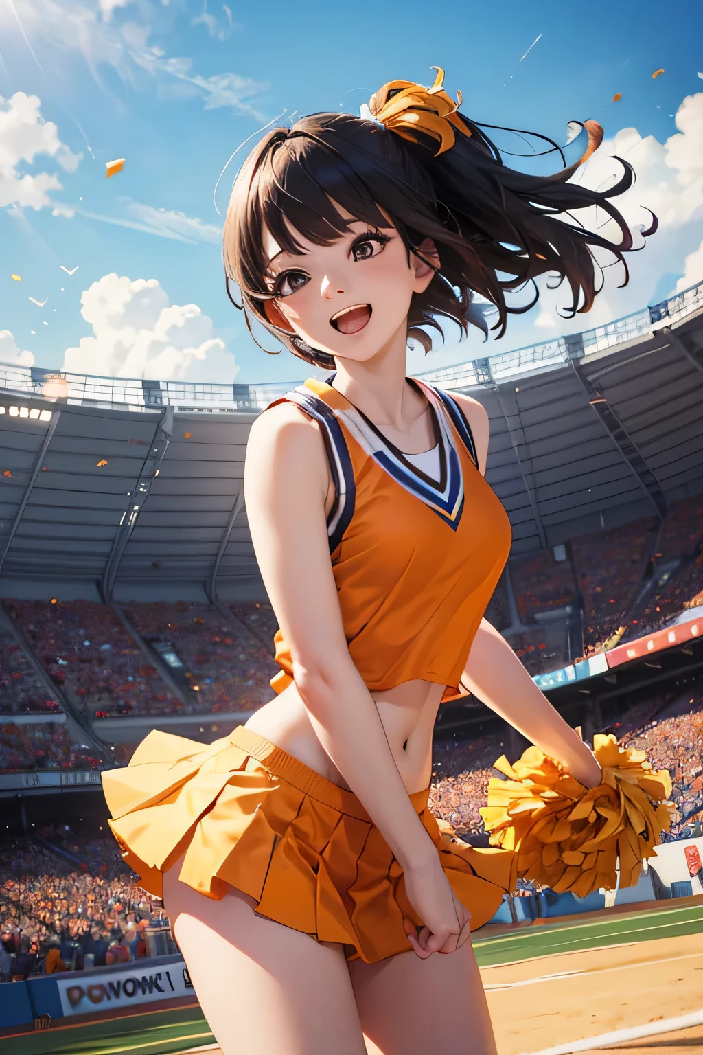 very cute and beautiful cheerleader girl,(very detailed美しい顔),(holding a pom pom:1.1),(smile),
(Stadium Stand),cowboy shot,dynamic pose,white panties,(orange sleeveless shirt),beautiful feet,looking at the viewer,black hair,
(highest quality,masterpiece:1.2),disorganized,High resolution,super detailed,very detailed,32K,8K resolution,
intricate details,movie-like scene,detailed background,alone,dynamic angle,
hair blowing in the wind,beautiful and detailed sky,
(realistic),perfect hands,
