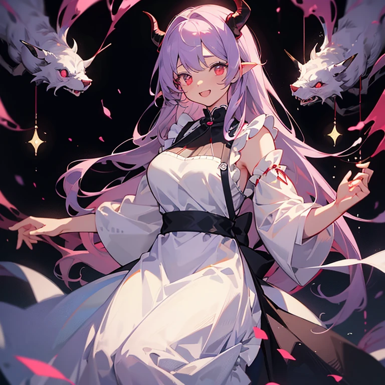 masterpiece、highest quality、Very big、big breasts、beautiful eyes、red eyes、older sister、sexy、Light purple hair、double teeth、black horns、long hair、white apron、nachtmusik、Exposed