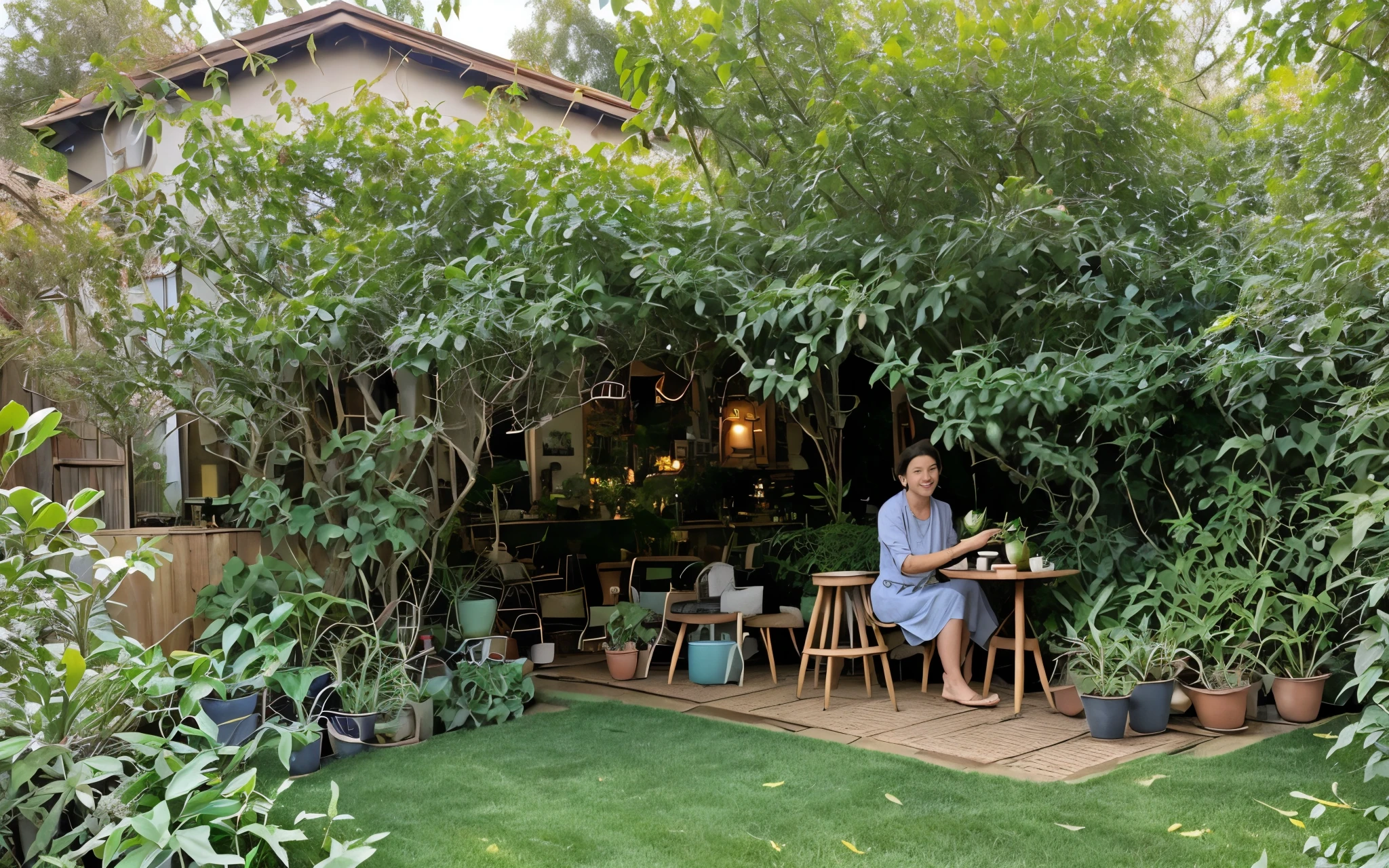 there is a woman sitting at a table in the yard, with fruit trees, garden with fruits on trees, garden at home, overgrown with lush plants, lush garden surroundings, overgrown with lush vines, home and garden, lush garden, backyard garden, pastoral backyard setting, lush plants and bonsai trees, lush garden in the background, overgrown with plants, chill cafe , Coffee shop in the garden.