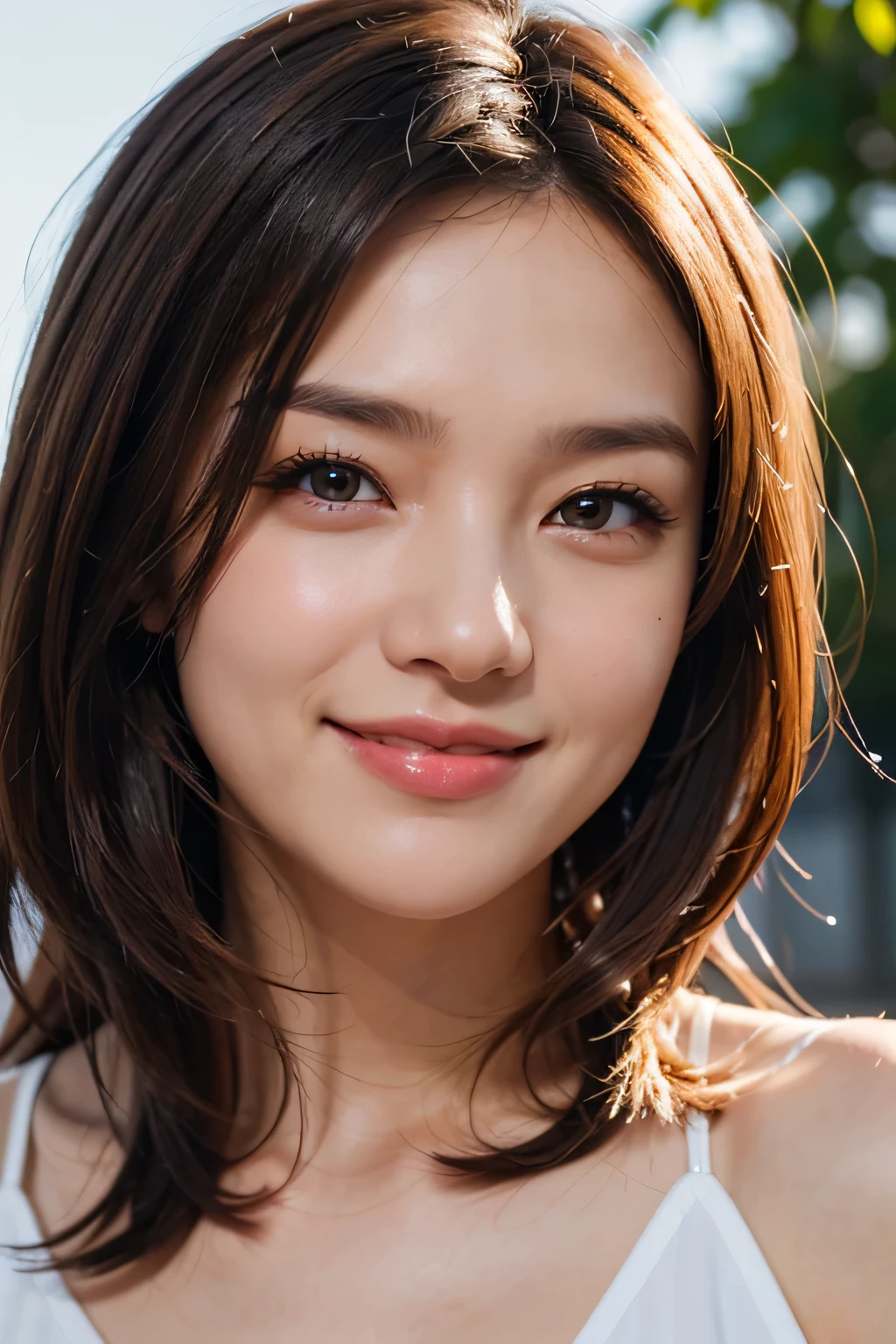 ８ｋ、High resolution、close-up image、high nose、narrow eyes、long jaw、no makeup、the smile you show to your lover、Winking eyes、white skin、transparent skin、shy smile、slimming、cute smile、wrinkles around the eyes、Vertical plane、