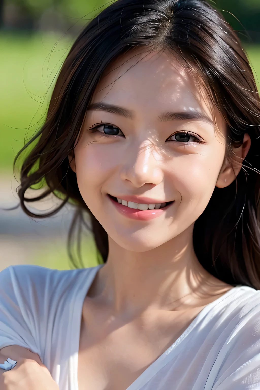 8k、High resolution、close-up image、high nose、narrow eyes、long jaw、no makeup、the smile you show to your lover、Winking eyes、white skin、transparent skin、shy smile、slimming、cute smile、wrinkles around the eyes、Vertical plane、