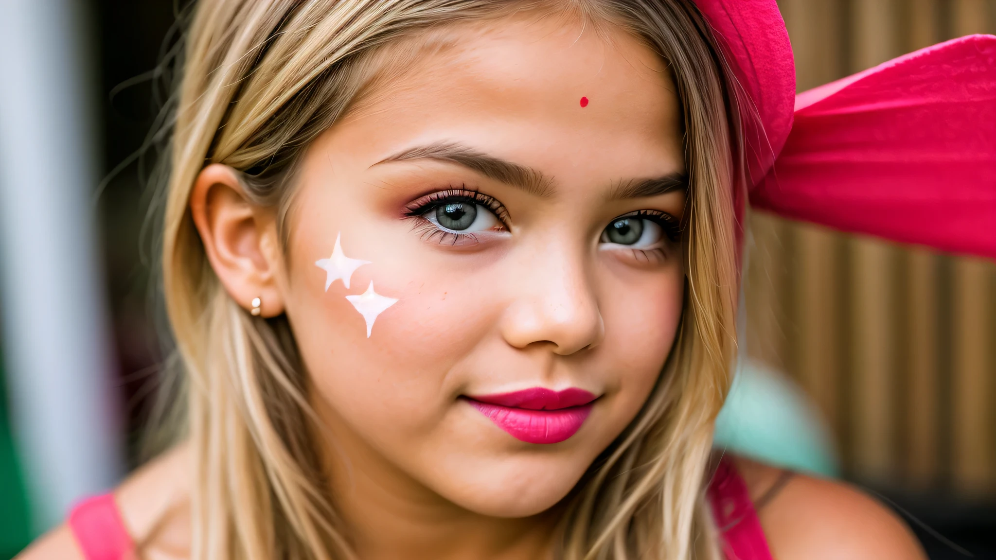 a close up of KIDS girl BLONDE with colorful makeup , tribal facepaint, tribal makeup,