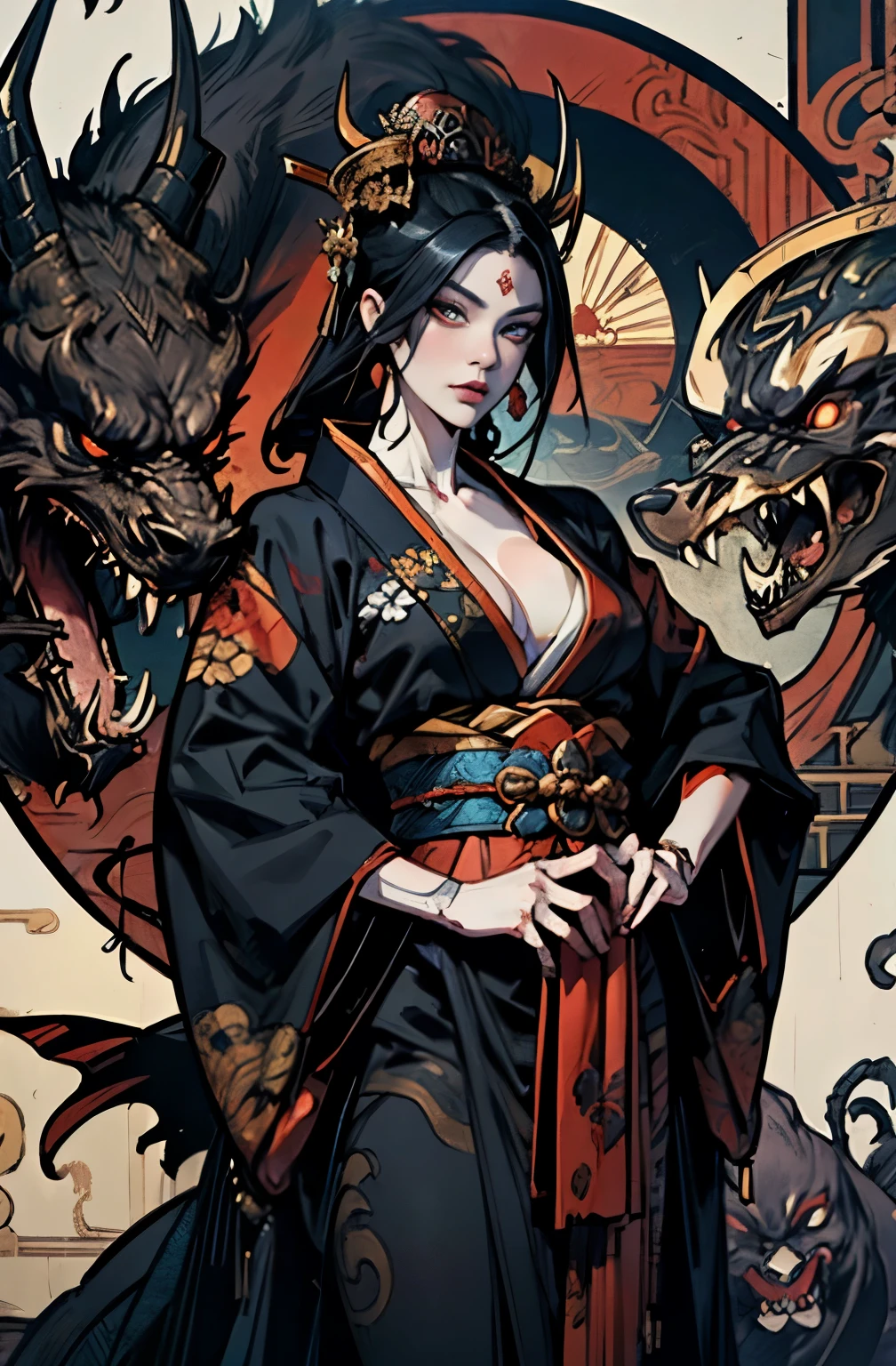 beautiful demon painting, Japanese swordを持った鬼の女, Japanese swordを振りかぶる鬼の女, strong female samurai, Japanese sword, Japanese sword, 抜身のJapanese sword, 長いJapanese sword, Japanese sword, Japanese sword, A skilled swordsman, female bodyguard, 2book corner, mouth with fangs, Eyes without pupils, gambling, Kumatori, Hyakka Ryōran, Flower of Shura, Looks like he's in his late 20s, beautiful black haired demon, sharp beauty, Beautiful red kimono, Dr. Moonlight, Oiran, highest ranking woman, Ghost Girl, Female Yakuza, Doji Ibaraki, Shuten Douji, Inspired by Chen Yifei, Inspired by Francesco Hayez, Inspired by Hendrik Terbruggen, Jean=Works that influenced Auguste Dominique Ingres, Inspired by Liu Jun, Jean=Works that influenced Auguste Dominique Ingres, highest quality, perfect angle, perfect composition, The perfect subject, best shot, official art, cinematic light, figurative art, Beautiful and expressive paintings, Beautiful artwork illustration, wonderful, cool beauty, clear, Mysterious, highest quality, official art, perfect composition, perfect angle, best shot, women only, sharp outline, pretty much beautiful face, The demon lurking in the darkness of Kyoto, Lord of Chimi-Mourou, A ruthless demon woman, demon queen, Female Yakuza, full body tattoo, wide, Rashomon, SakuraFubuki, Please refrain from, I'll let you die, raid