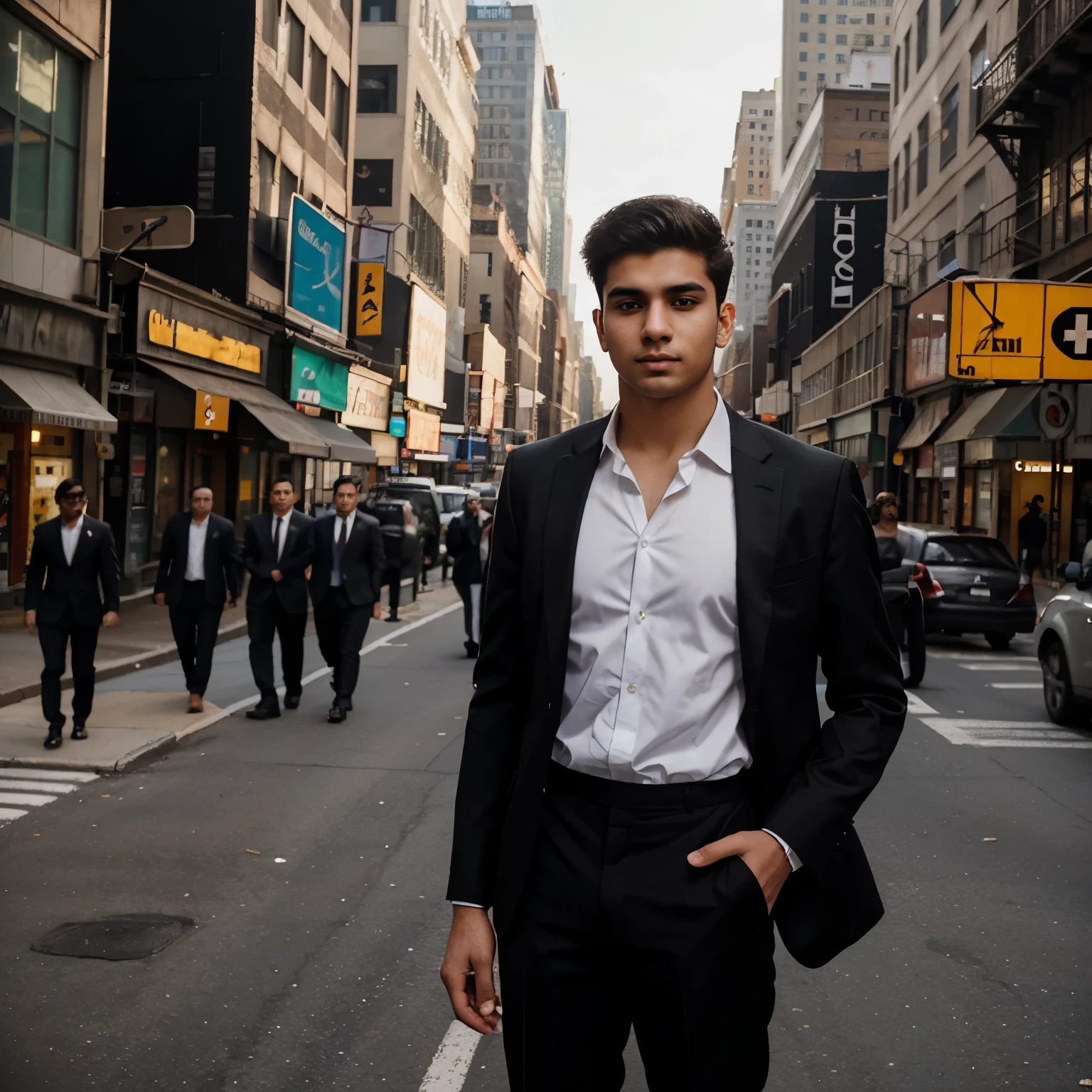 Professional portrait of a 20 year old Pakistani white young man wearing a black business suit posing on a busy new York street in the morning