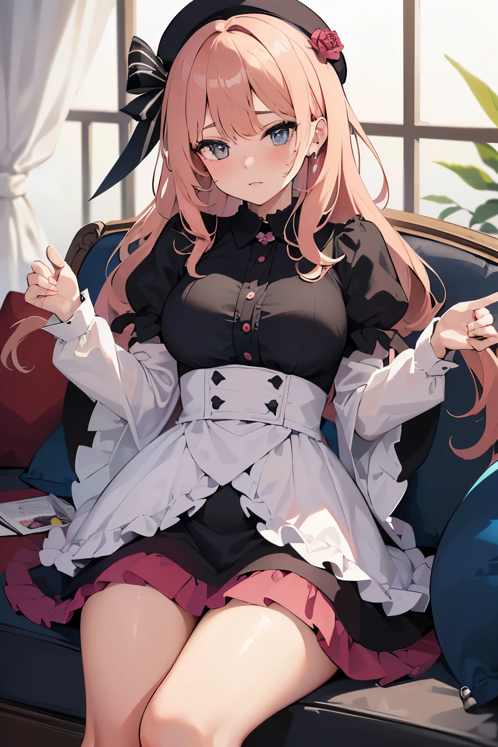 1girl, (masterpiece, best quality, high resolution, 4k), beauty, Gigantic , perfekte rundungen, schmal, big bust, sportlich, (((looks lustful, unglaublich rot im gesicht, hat den mund offen, hat speichel am mund, blushes strongly))), ((wears a dress, pinke haare, lange haare)),sehr sexy, cute, ((schaut den betarchter an, sitzend mit beiden beinen nach hinten, beine angewinkelt)), auf dem bett