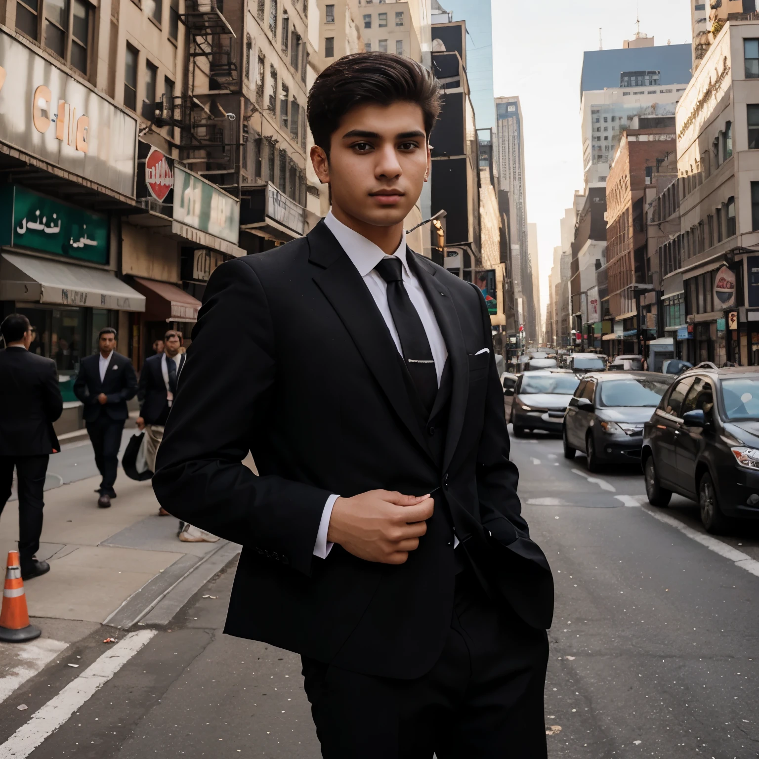 Professional portrait of a 20 year old Pakistani white young man wearing a black business suit posing on a busy new York street in the morning